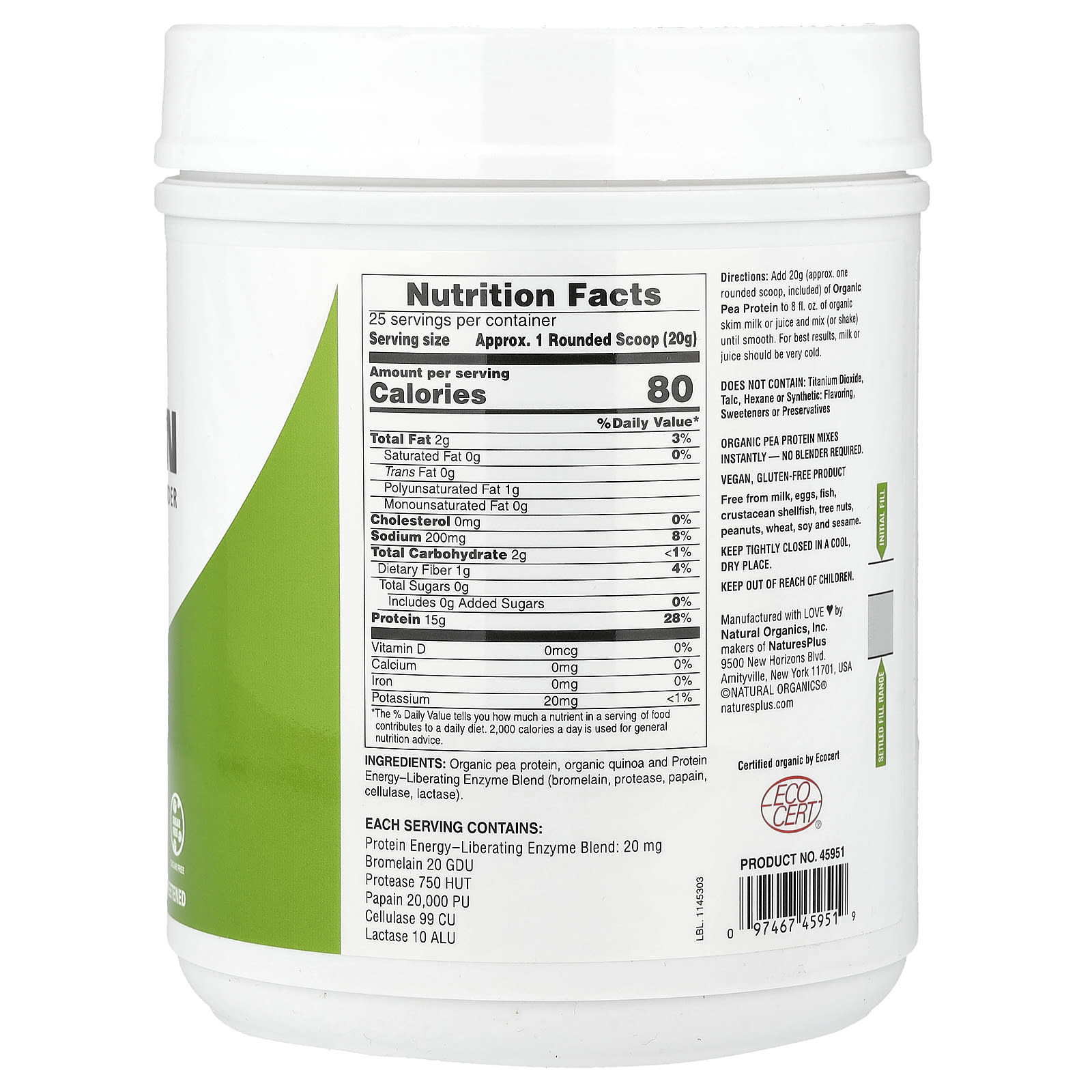 Гороховый протеин NaturesPlus, без вкуса, 500 г — фото 2