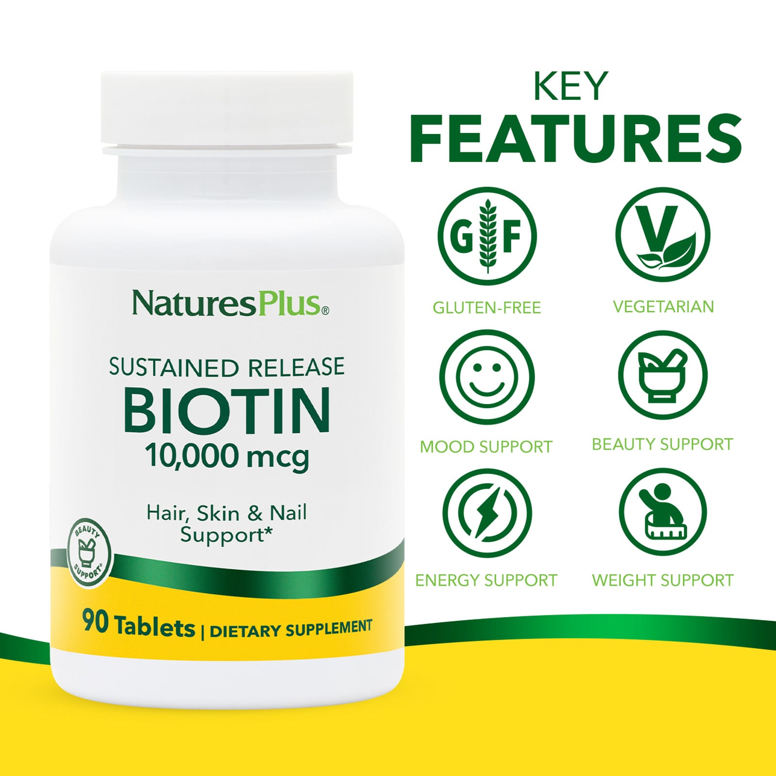 Биотин NaturesPlus, пролонгированное высвобождение, 10000 мкг, 90 таблеток — фото 3