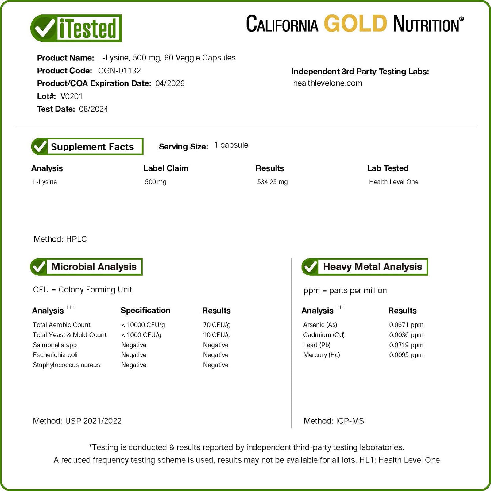 L-лизин California Gold Nutrition L-Lysine, 500 мг, 60 растительных капсул — фото 4