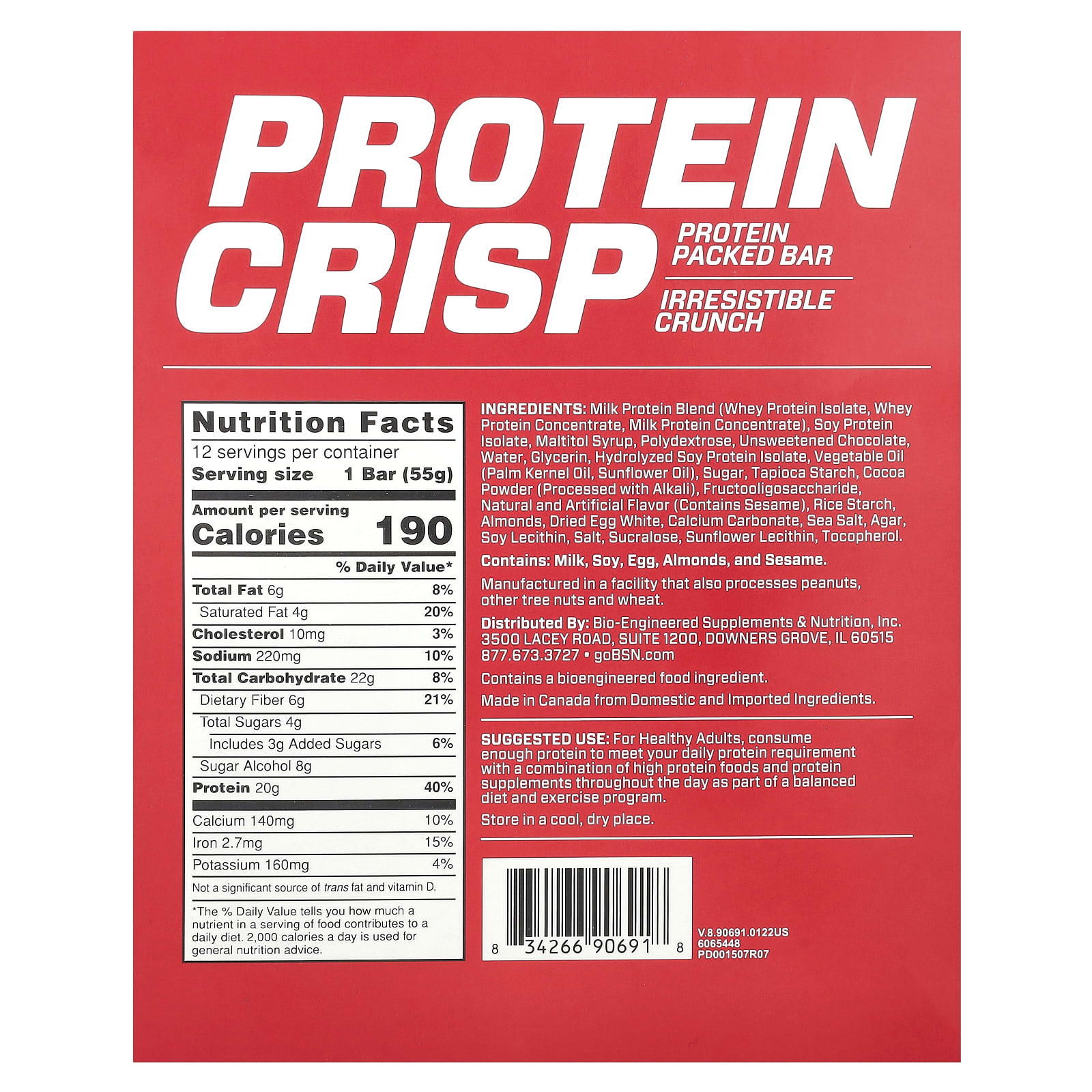 Шоколад BSN Protein Crisp, вкус Chocolate Crunch, 55 г, 12 шт., батончик — фото 2