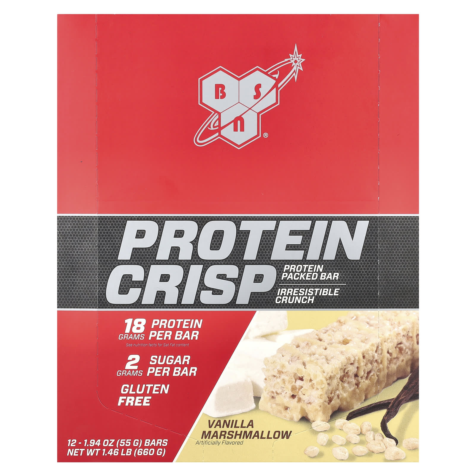 Протеин BSN Crisp, вкус Vanilla Marshmallow, 55 г, 12 шт., батончик