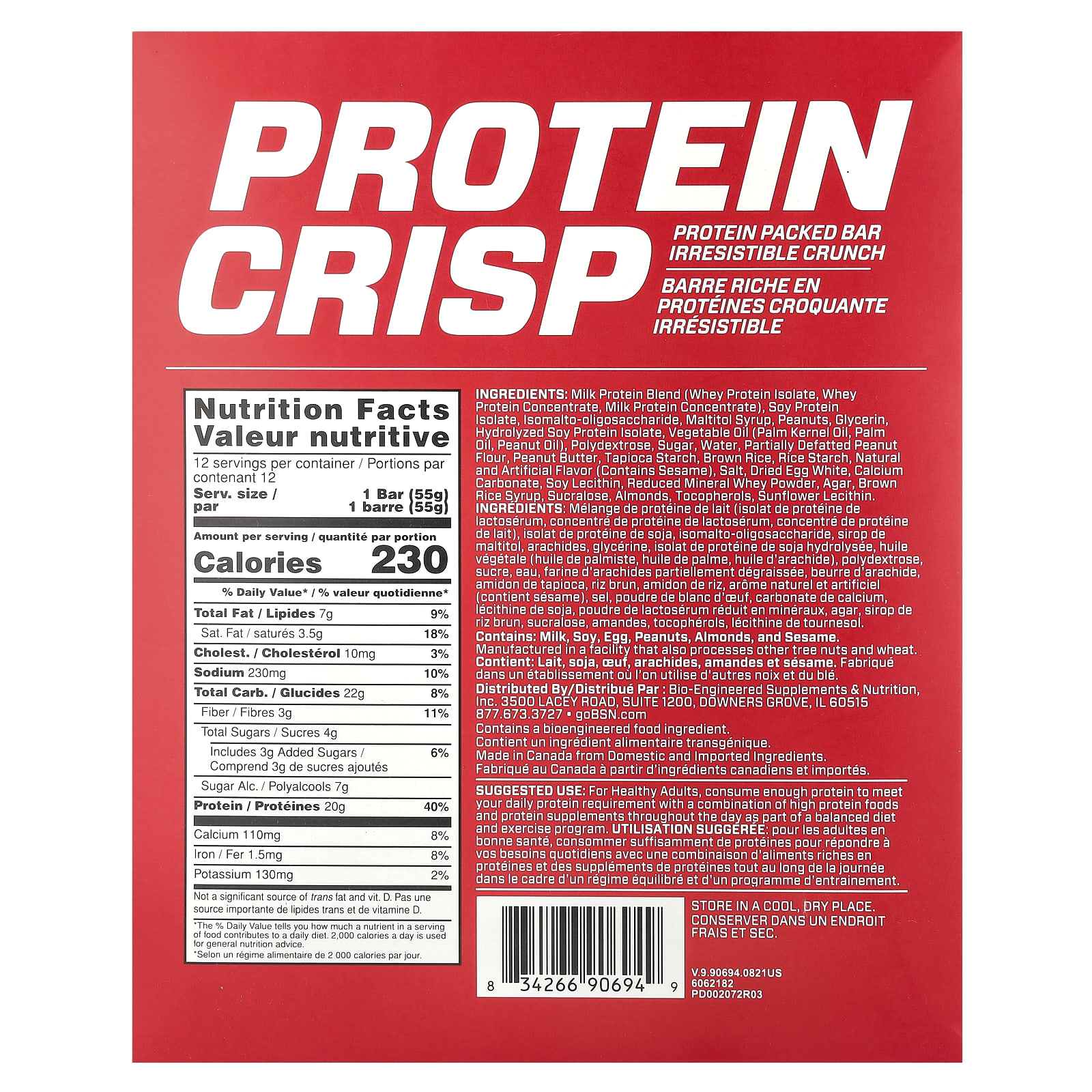 Арахисовая паста BSN Protein Crisp Crunch, 55 г, 12 шт., батончик — фото 2