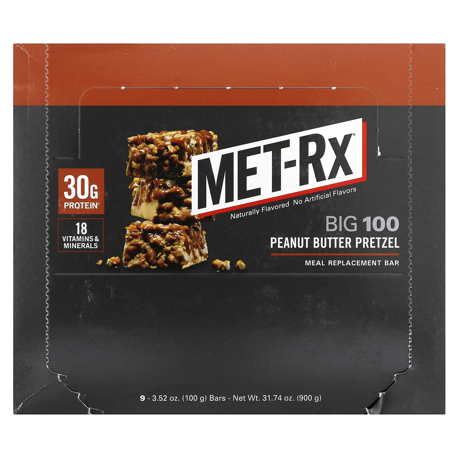 Арахисовая паста MET-Rx Big 100 Meal Replacement Bar Pretzel, 100 г, 9 шт., батончик — фото 2