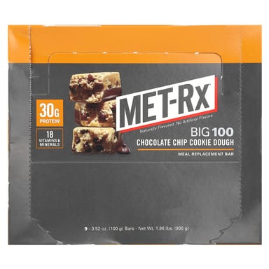 Шоколад MET-Rx Big 100 Meal Replacement Bar, вкус Chocolate Chip Cookie Dough, 100 г, 9 шт., батончик