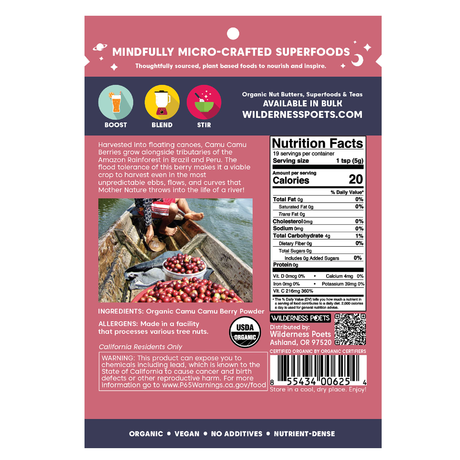 Порошок каму-каму Wilderness Poets, вкус Organic Camu Camu Berry Powder, 99 г — фото 2