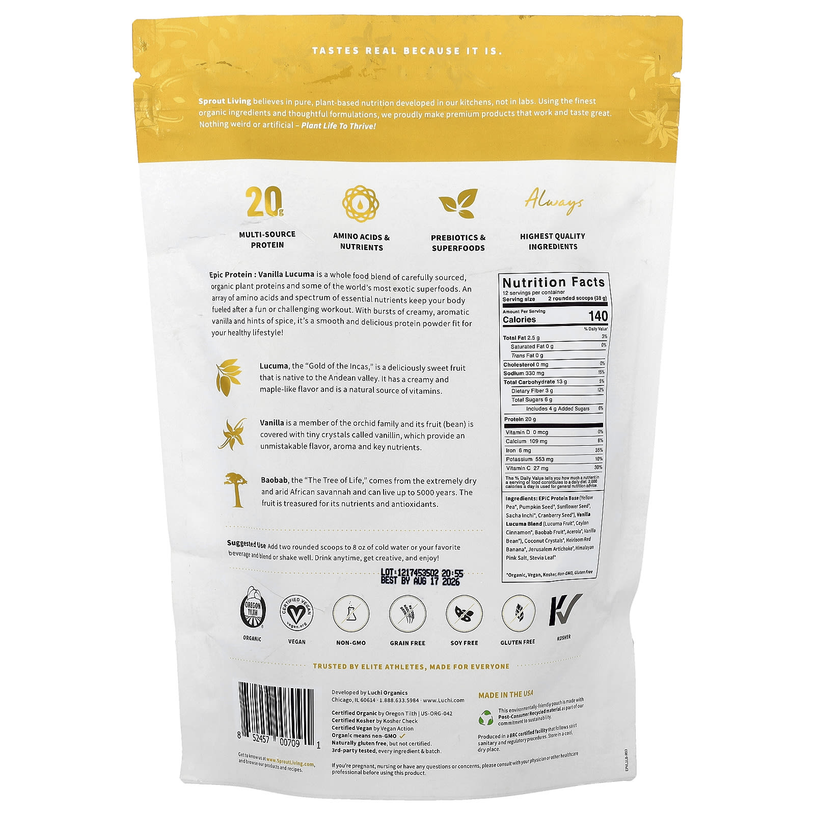 Растительный протеин Sprout Living Epic Protein® Organic Superfoods, вкус Vanilla Lucuma, 456 г — фото 2