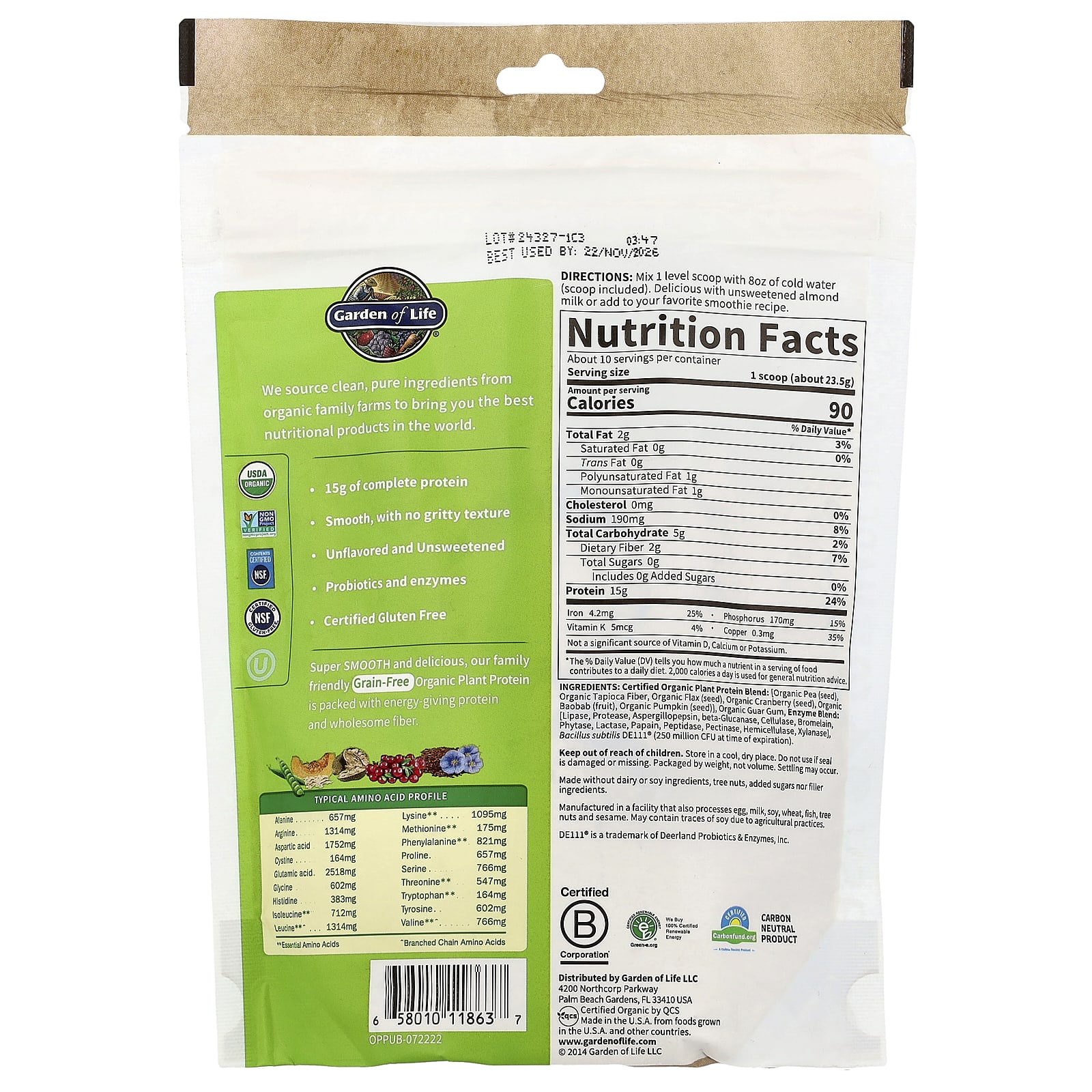 Растительный протеин Garden of Life Organic Grain Free Smooth, без вкуса, 236 г — фото 2