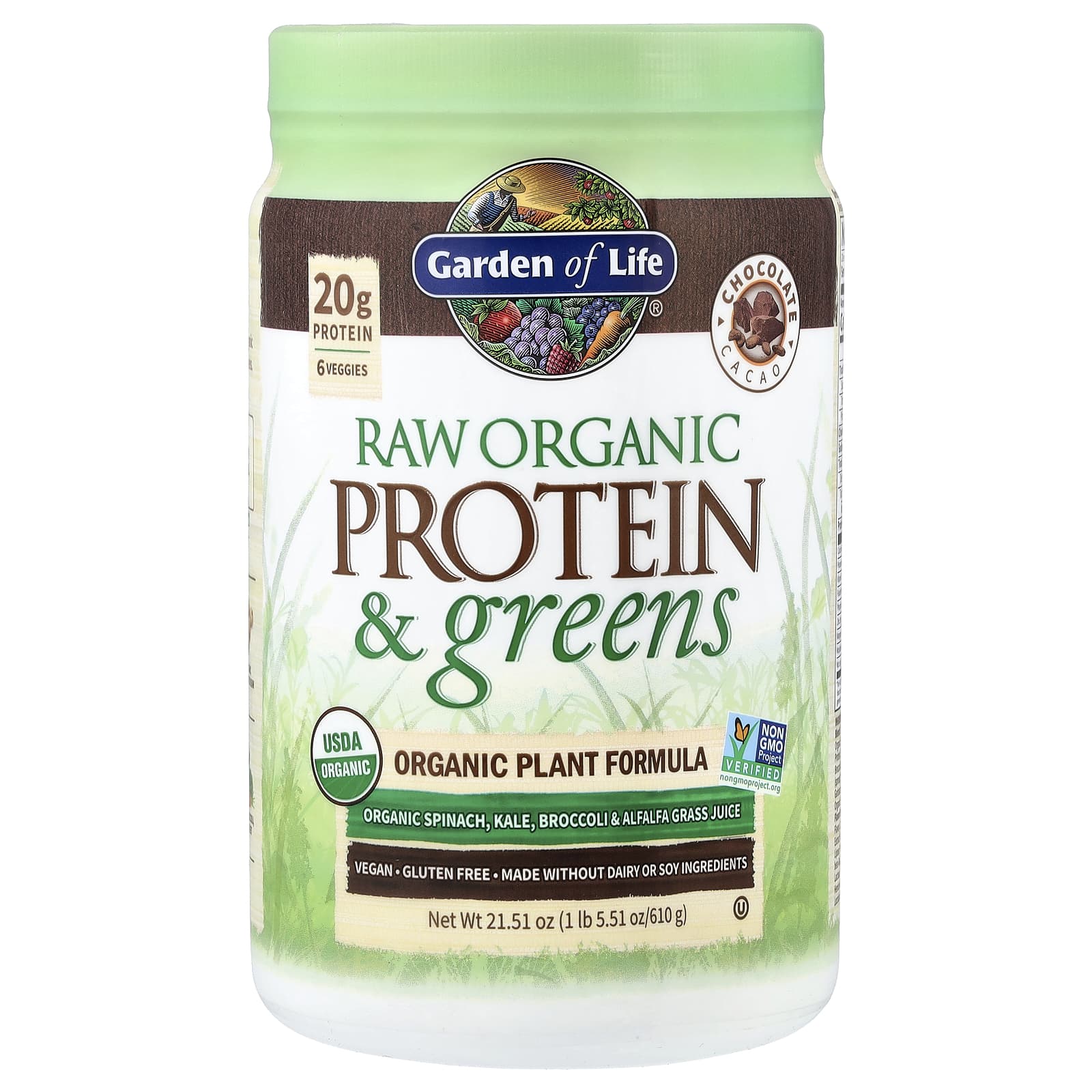 Протеин с зеленью Garden of Life Raw Organic, вкус Chocolate Cacao, 610 г