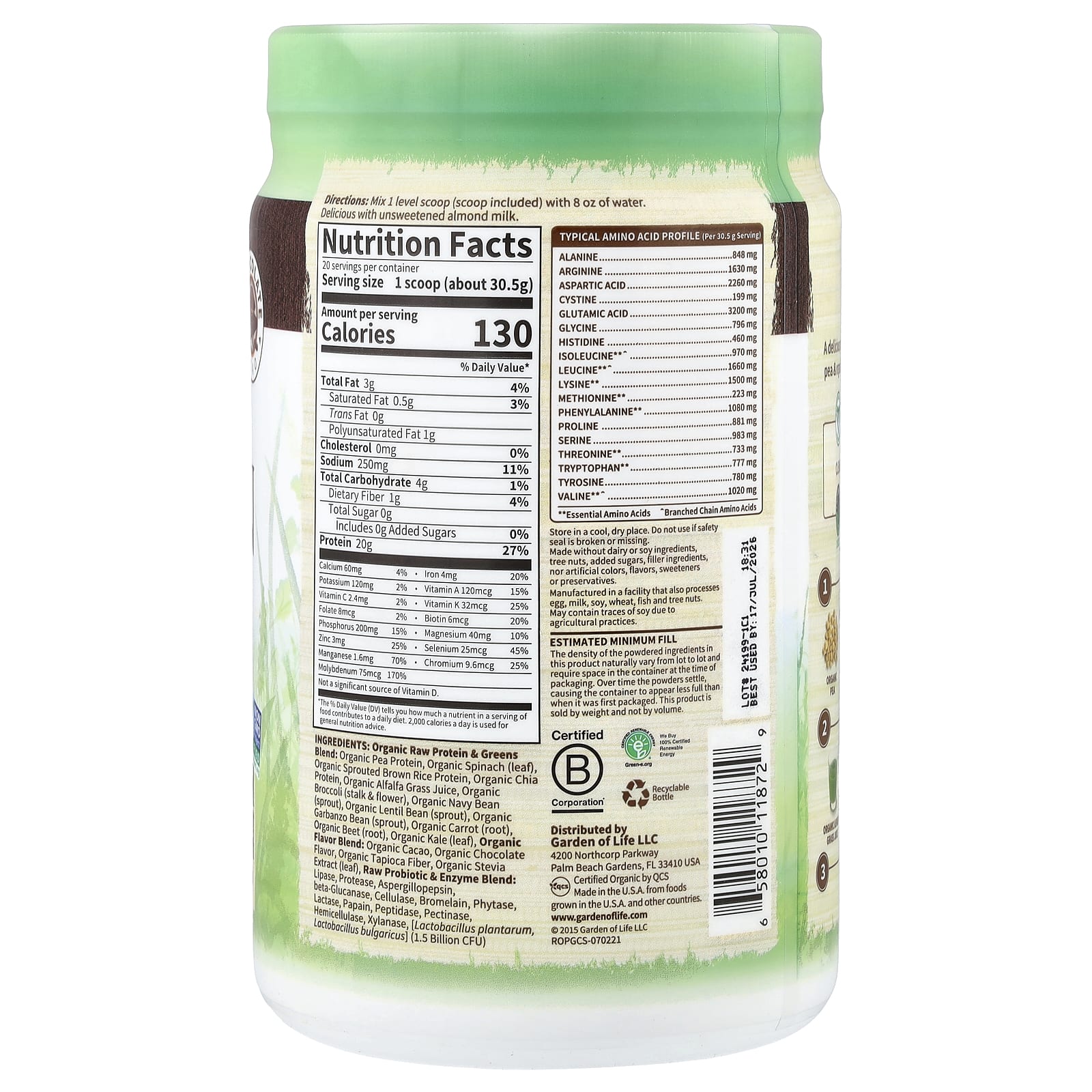 Протеин с зеленью Garden of Life Raw Organic, вкус Chocolate Cacao, 610 г — фото 2