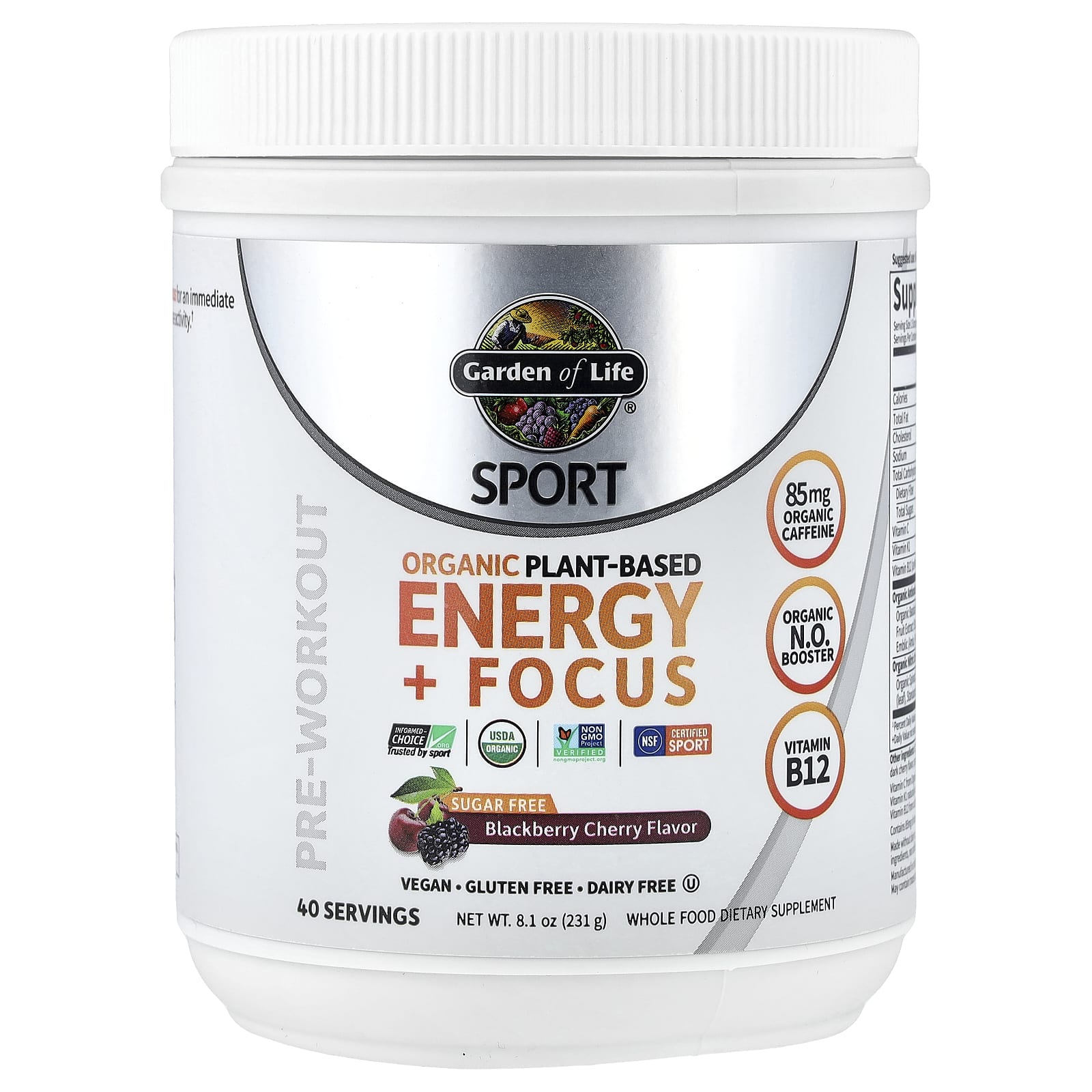 Предтренировочный комплекс Garden of Life Sport Organic Plant-Based Energy Focus, вкус Blackberry Cherry, 231 г