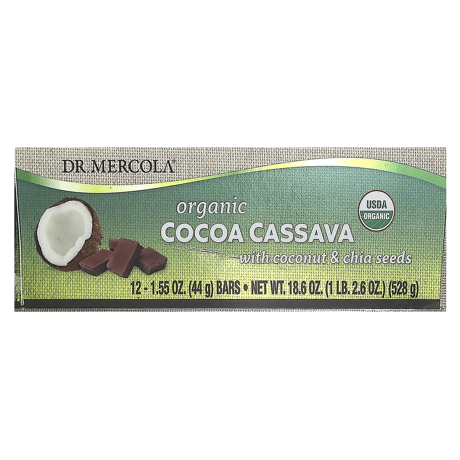 Семена чиа Dr. Mercola, вкус Organic Cocoa Cassava with Coconut & Chia Seeds, 44 г, 12 шт., батончик — фото 3