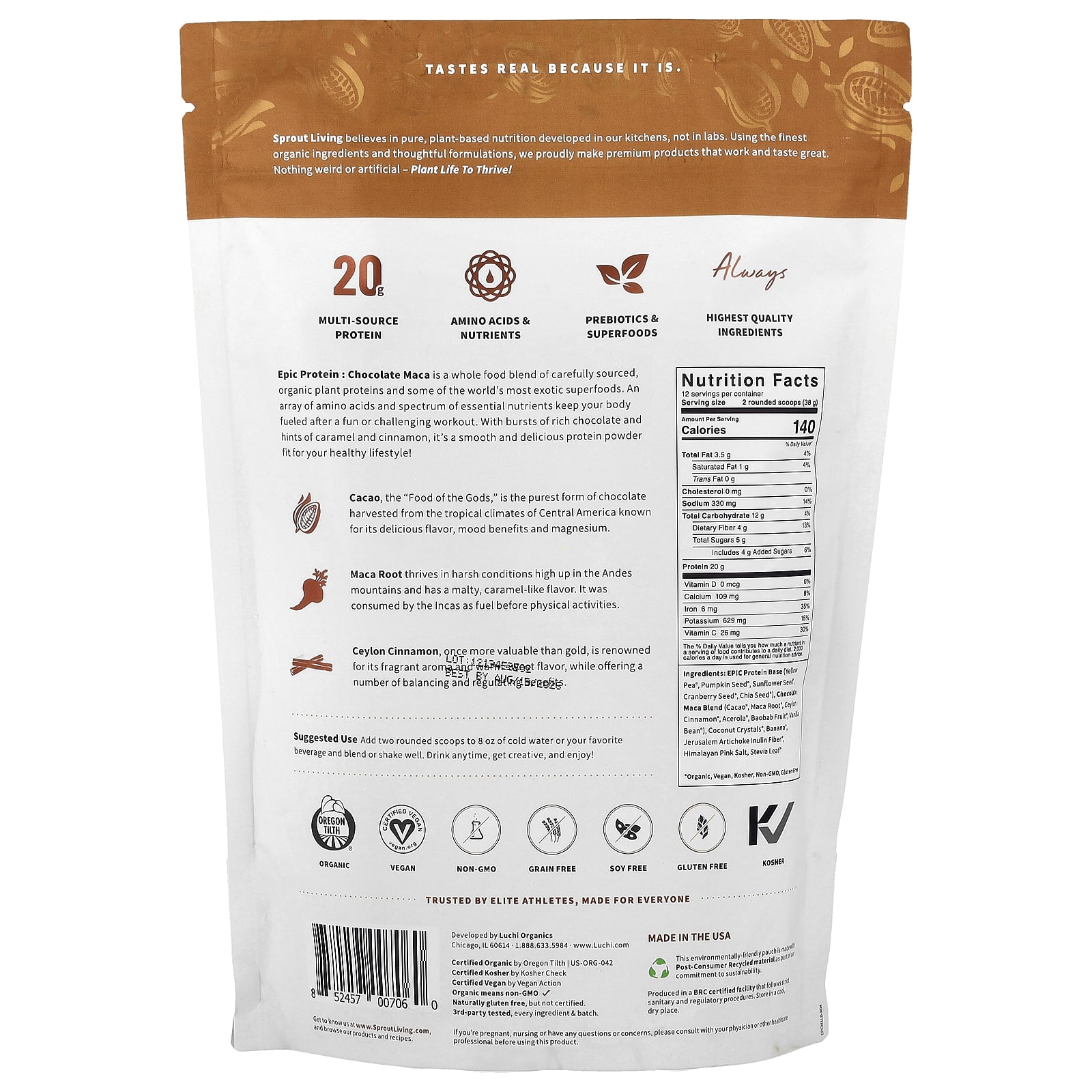 Растительный протеин Sprout Living Epic Protein® Organic Superfoods, вкус Chocolate Maca, 456 г — фото 2