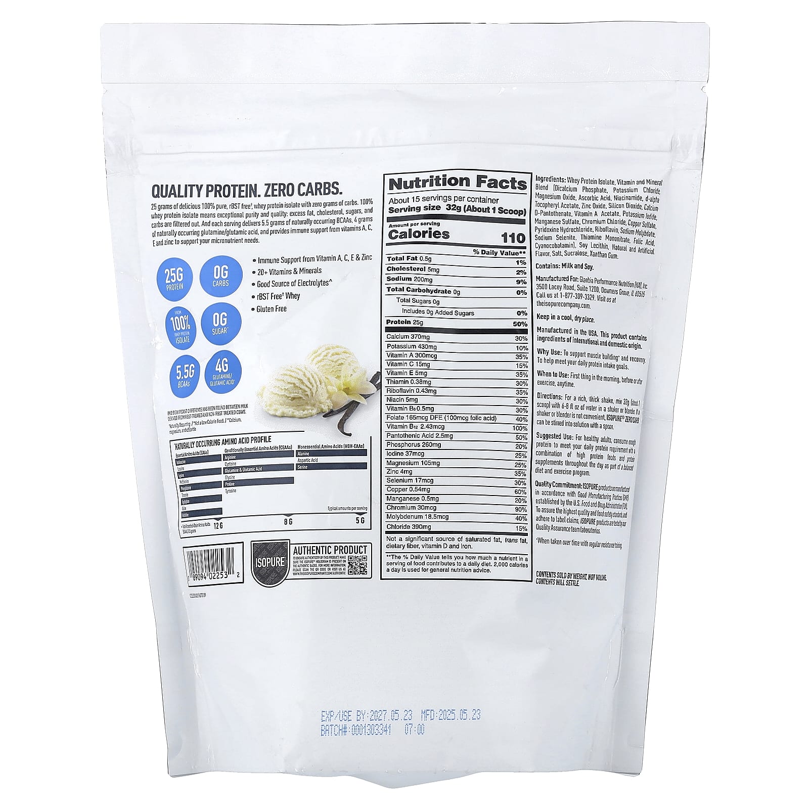 Протеиновый порошок Isopure Zero Carb Drink Mix, вкус Creamy Vanilla, 480 г, 1., смесь для напитка — фото 2