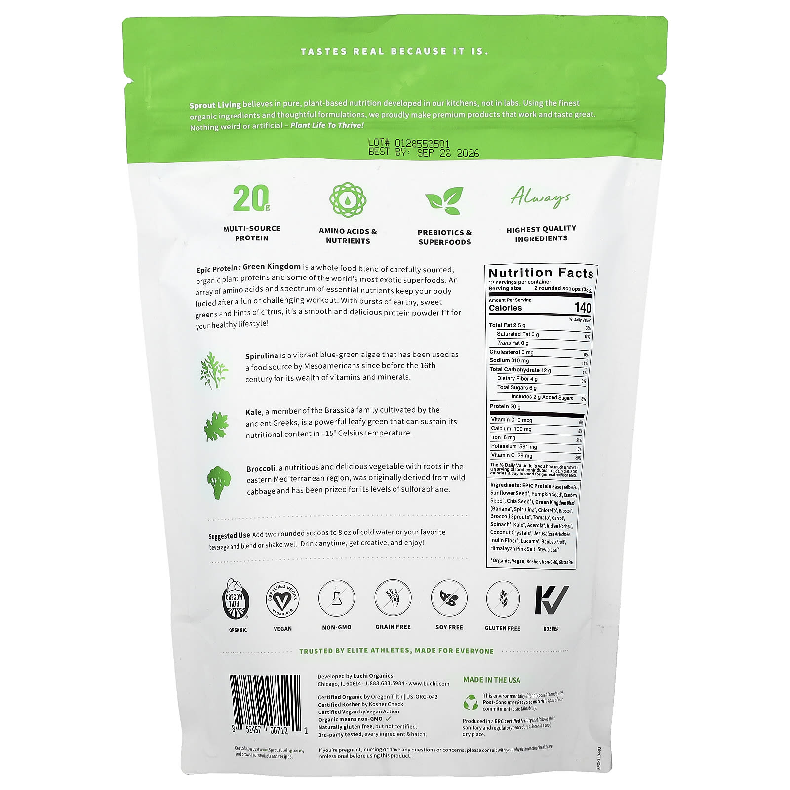 Растительный протеин Sprout Living Epic Protein® Organic Superfoods Green Kingdom, 456 г — фото 2