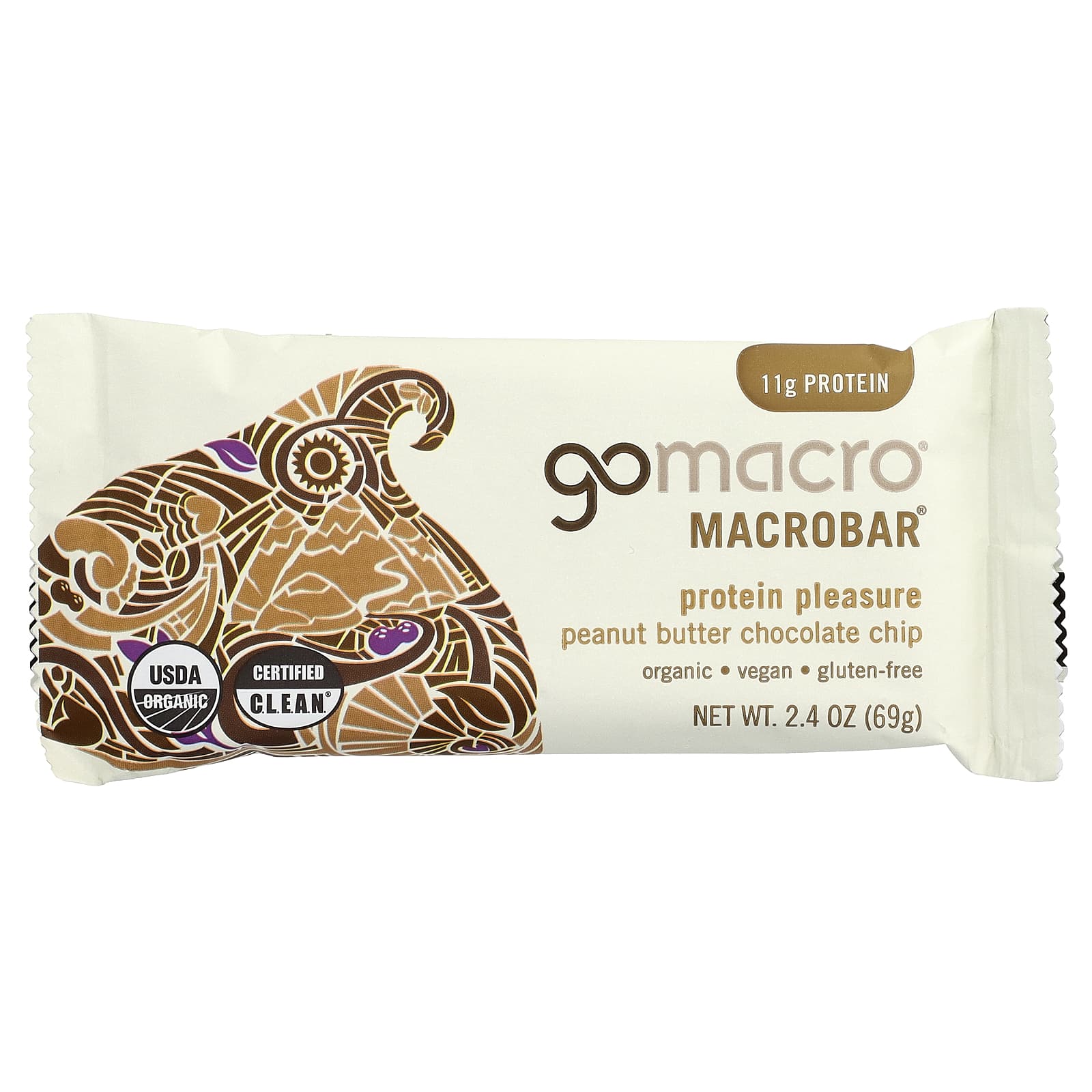 Арахисовая паста GoMacro MacroBar® Protein Pleasure, вкус Peanut Butter Chocolate Chip, 69 г, 12 шт., батончик