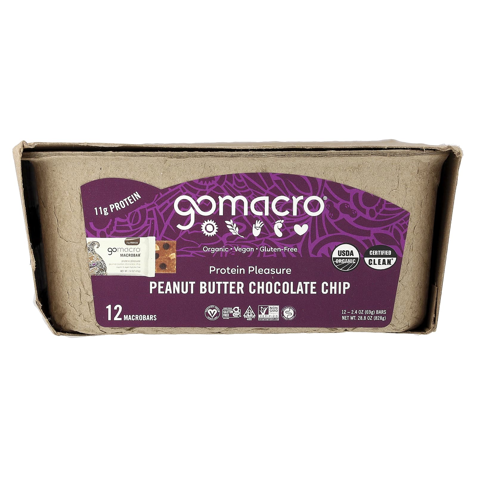 Арахисовая паста GoMacro MacroBar® Protein Pleasure, вкус Peanut Butter Chocolate Chip, 69 г, 12 шт., батончик — фото 2
