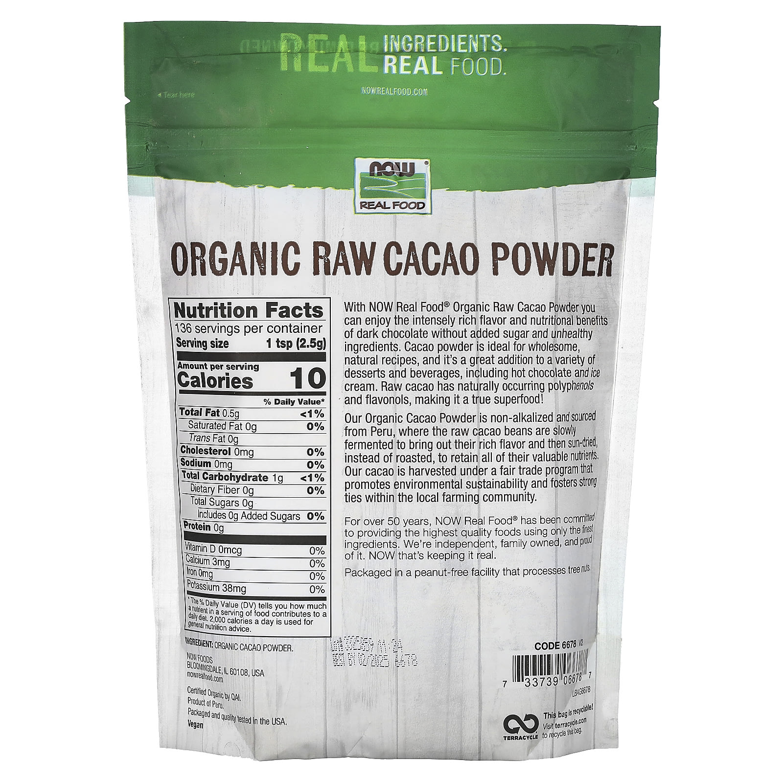 Какао-порошок NOW Foods Real Food Organic Raw, 340 г