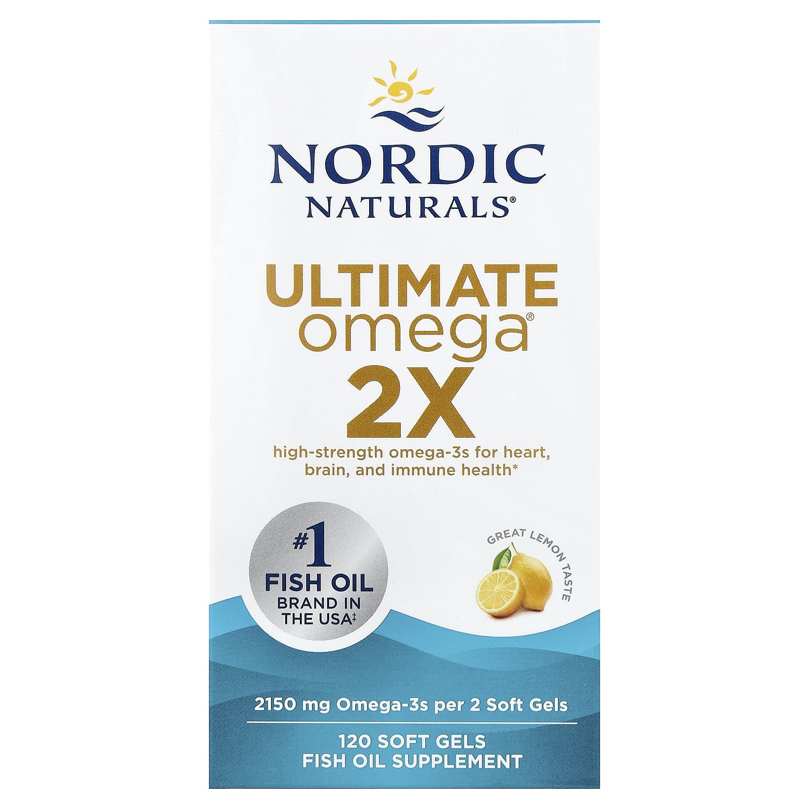 Омега-3 Ultimate Omega Nordic Naturals® 2X, вкус Lemon, 1075 мг, 120 мягких капсул — фото 2