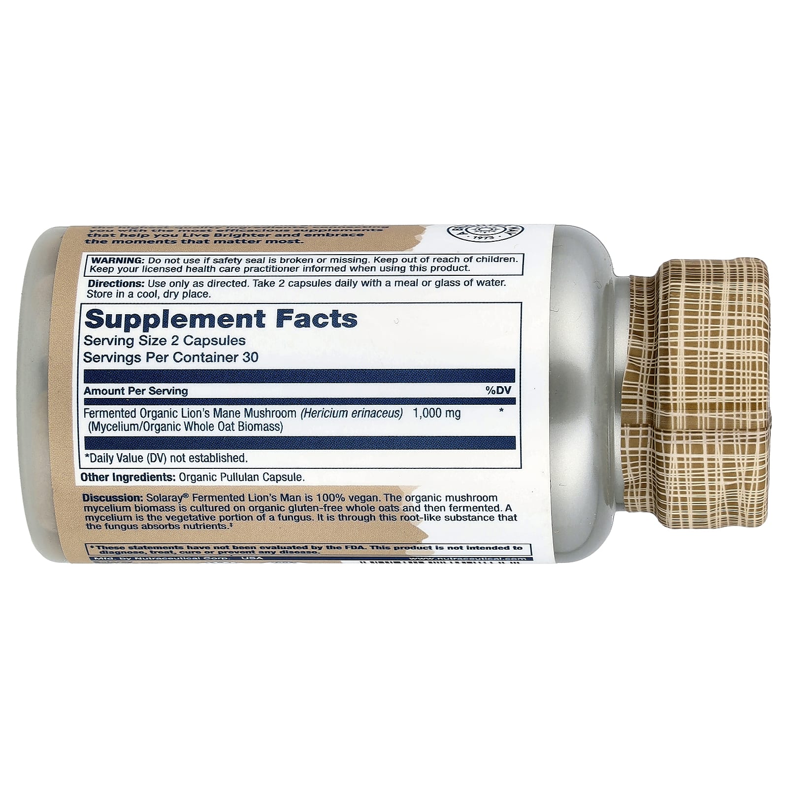 Ежовик гребенчатый Solaray Organic, оттенок Fermented, 500 мг, капсулы — фото 2
