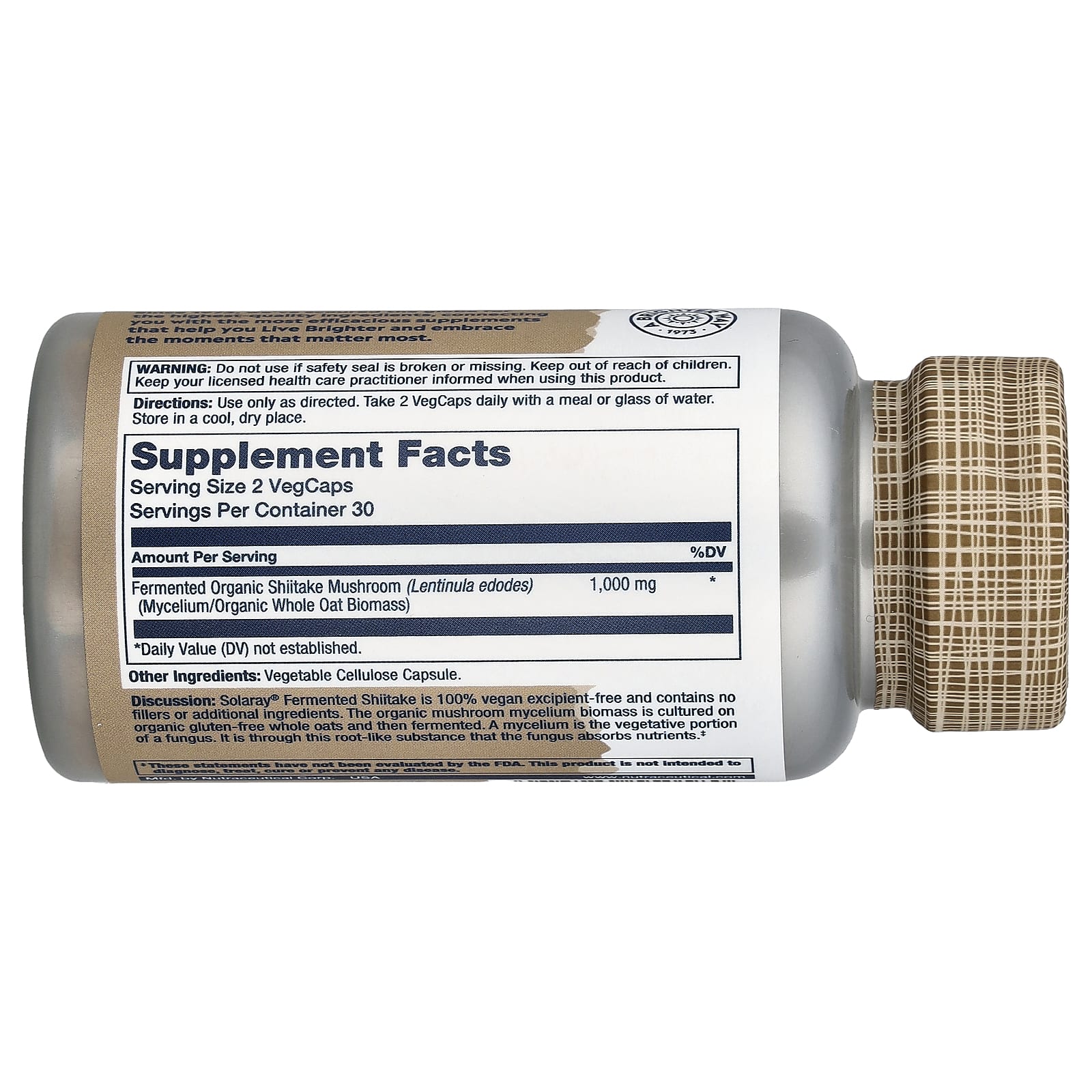 Грибной комплекс Solaray Fermented Shiitake, 500 мг, 60 растительных капсул — фото 2