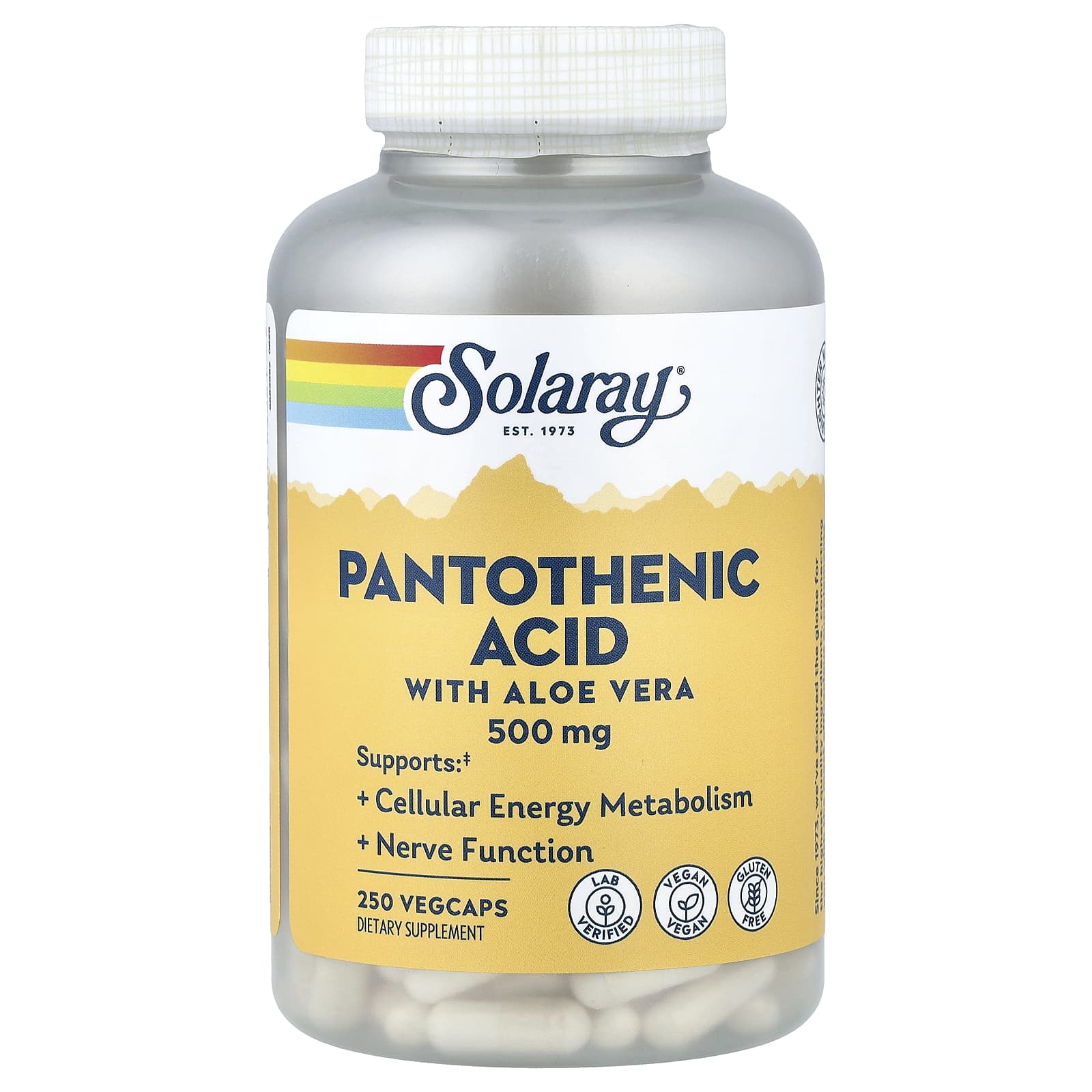 Пантотеновая кислота Solaray with Aloe Vera, 250 растительных капсул