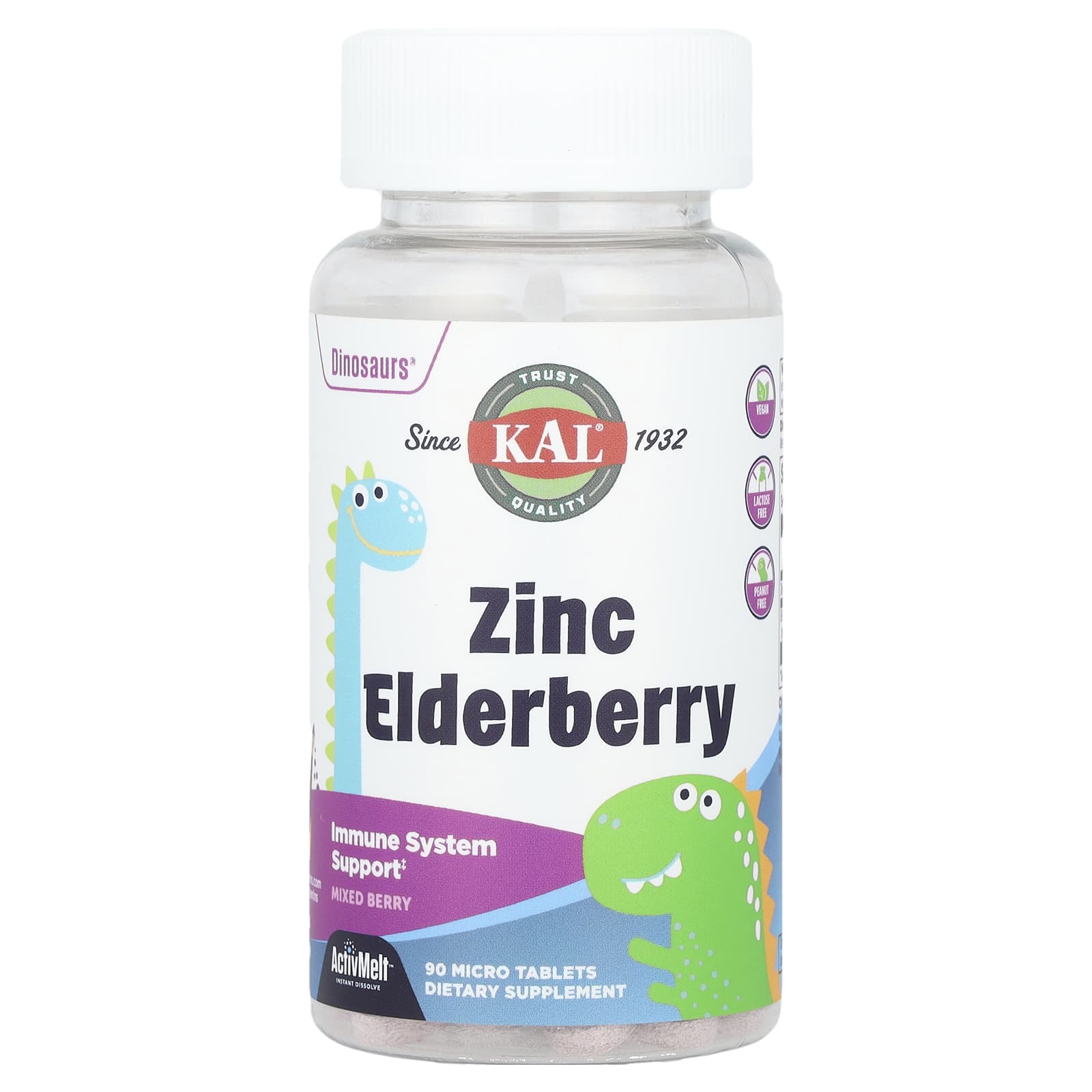 Бузина KAL Dinosaurs® Zinc Mixed Berry 90 Micro Tablets, вкус Zinc Elderberry, Mixed Berry, таблетки
