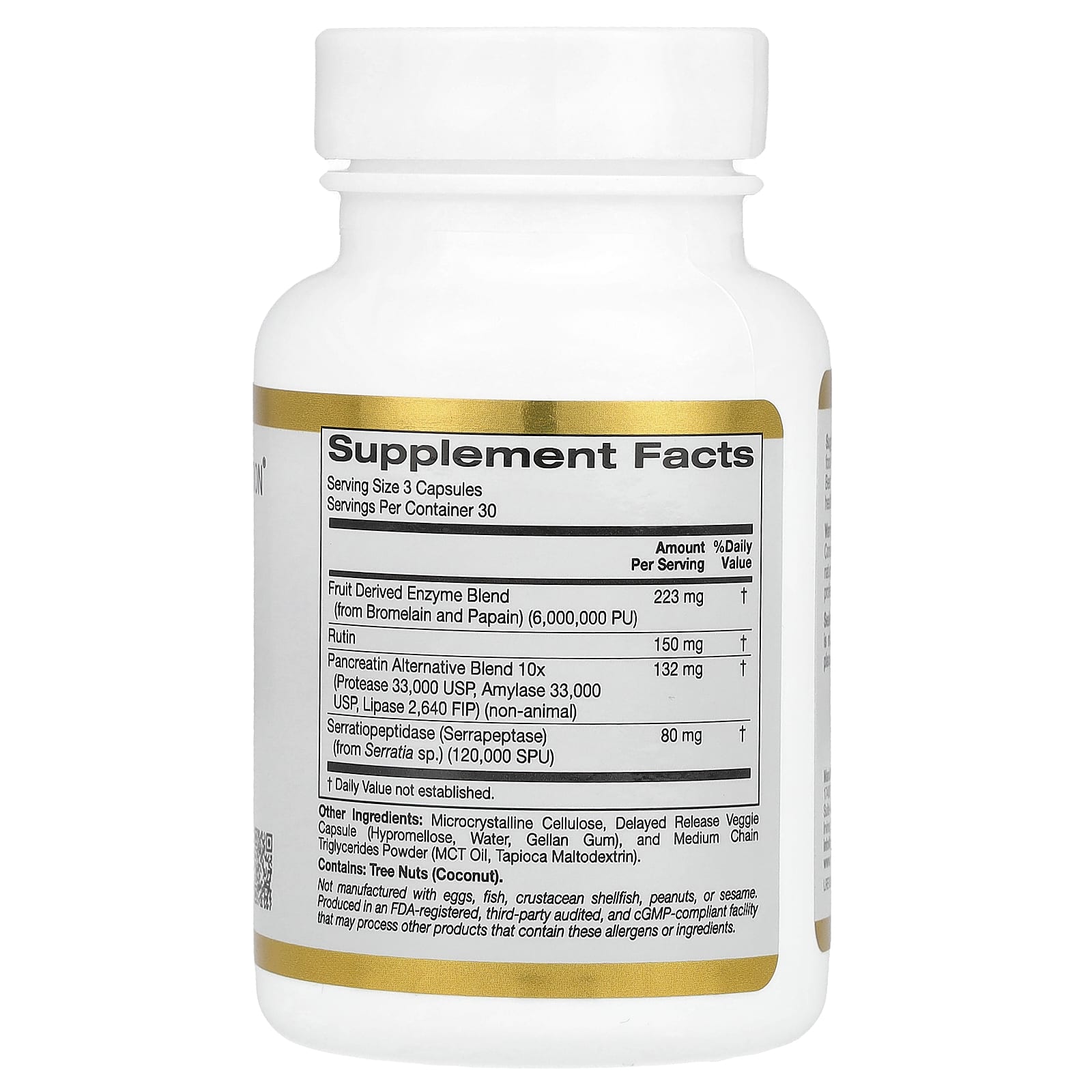 Ферментный комплекс California Gold Nutrition Proteolytic Enzymes with Fruit Derived Pancreatin Alternative Blend and Serratiopeptidase 90 Delayed Release, оттенок Rutin, капсулы — фото 3
