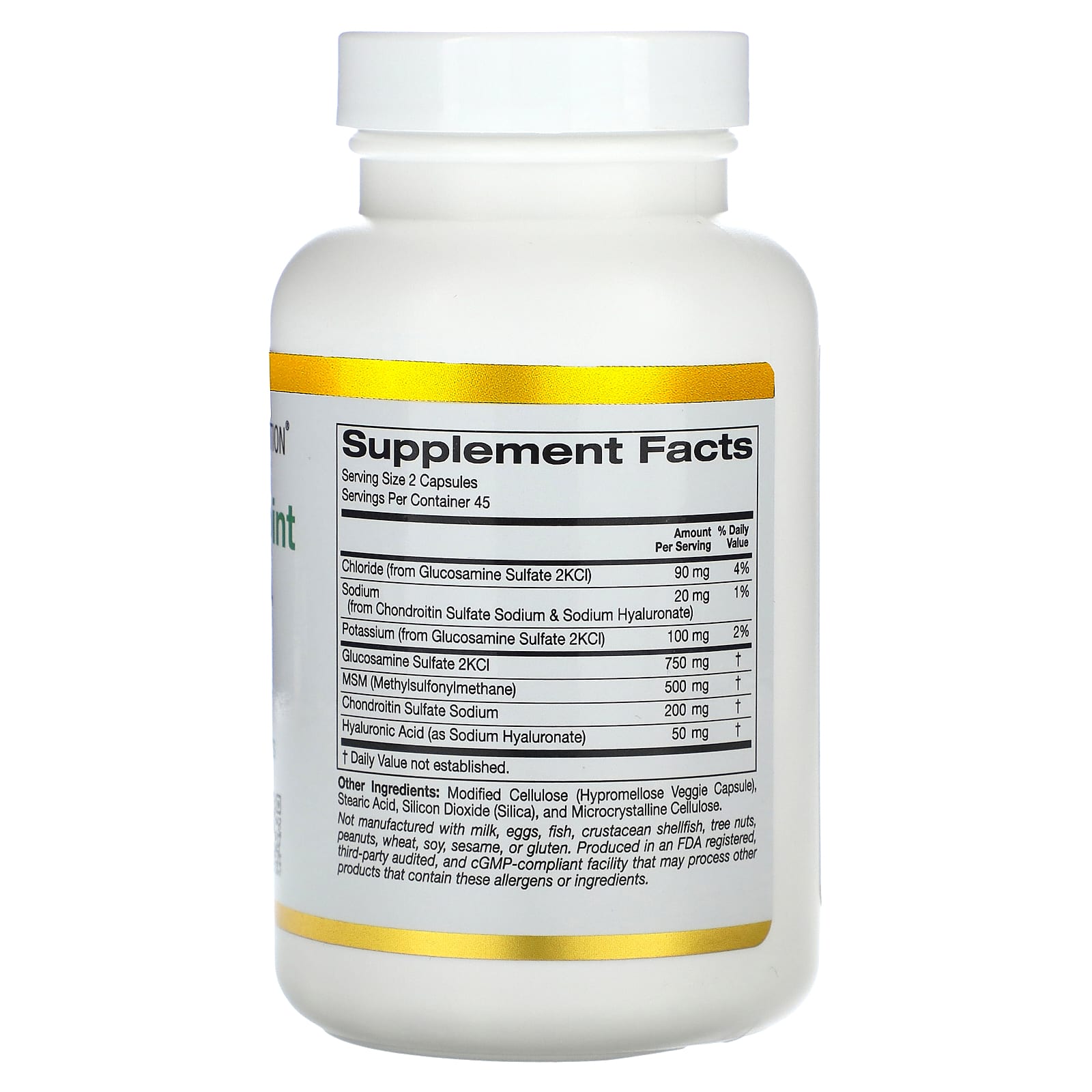Гиалуроновая кислота California Gold Nutrition Total Veggie Joint Support Formula with Glucosamine MSM and, оттенок Chondroitin, 90 растительных капсул — фото 3
