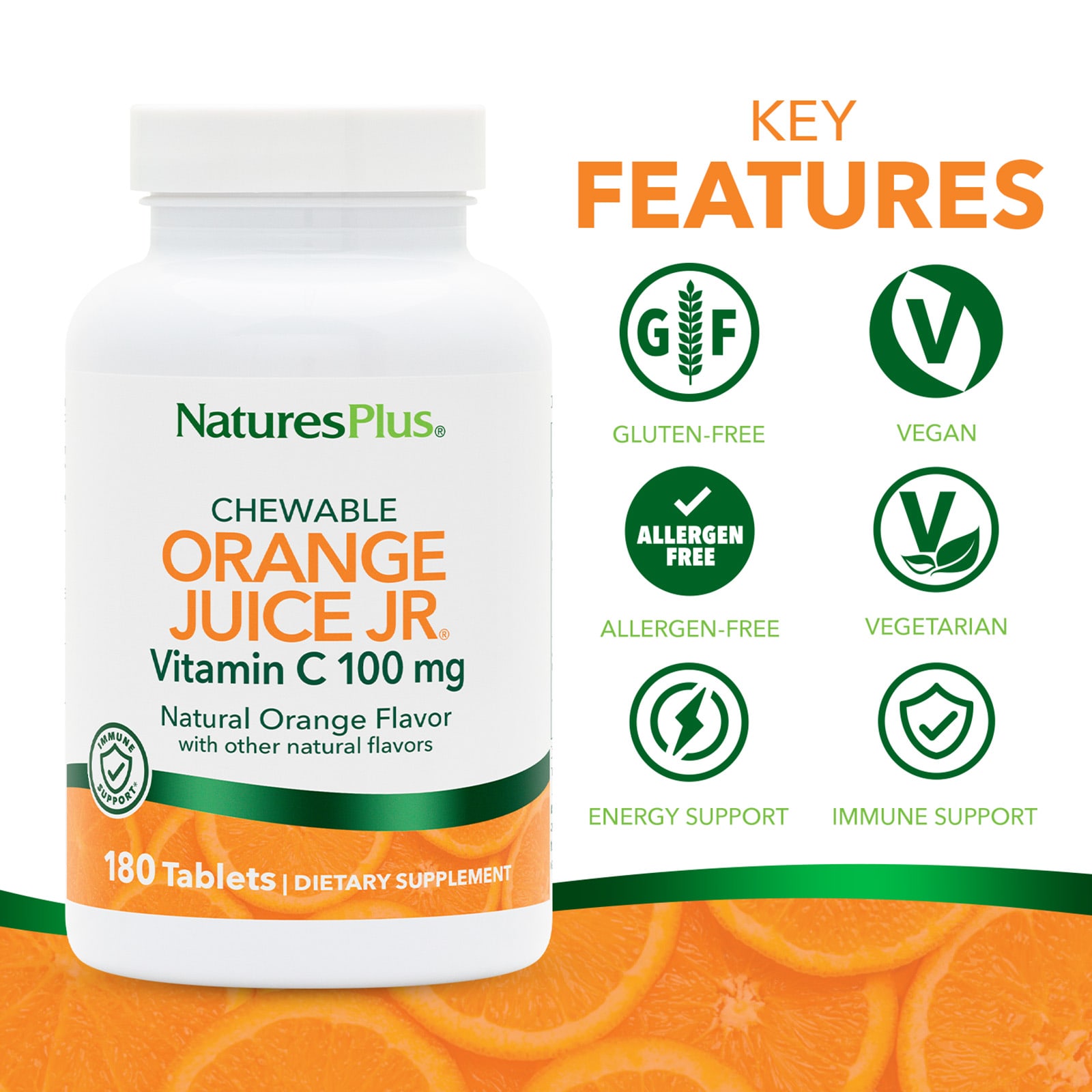 Витамин C NaturesPlus Chewable Orange Juice Jr®, вкус Natural Orange, 180 таблеток — фото 3