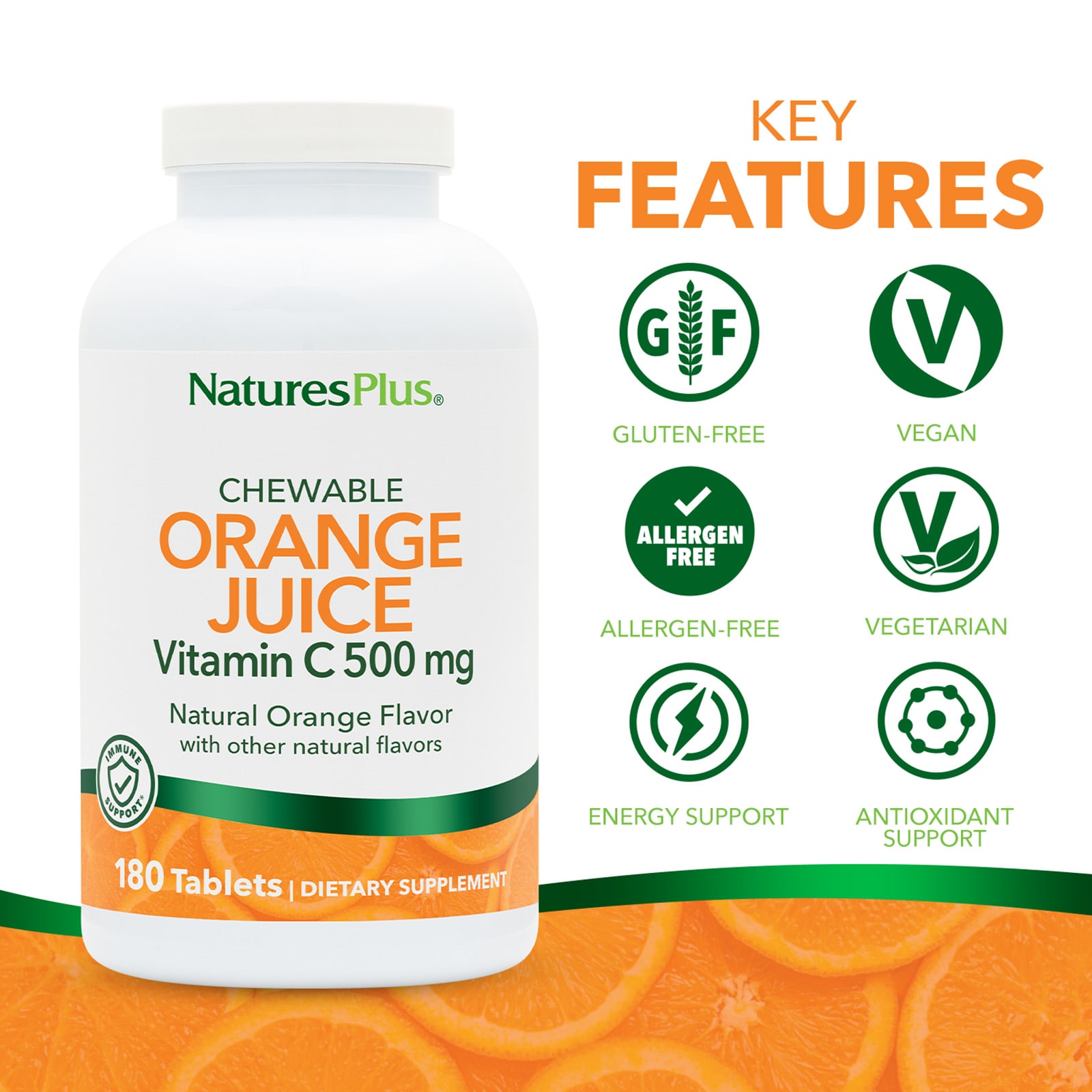 Витамин C NaturesPlus Chewable Orange Juice, вкус Natural Orange, 180 таблеток — фото 3