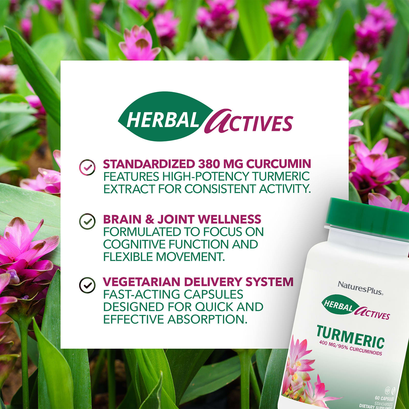 Куркума NaturesPlus Herbal Actives, 400 мг, 60 капсул