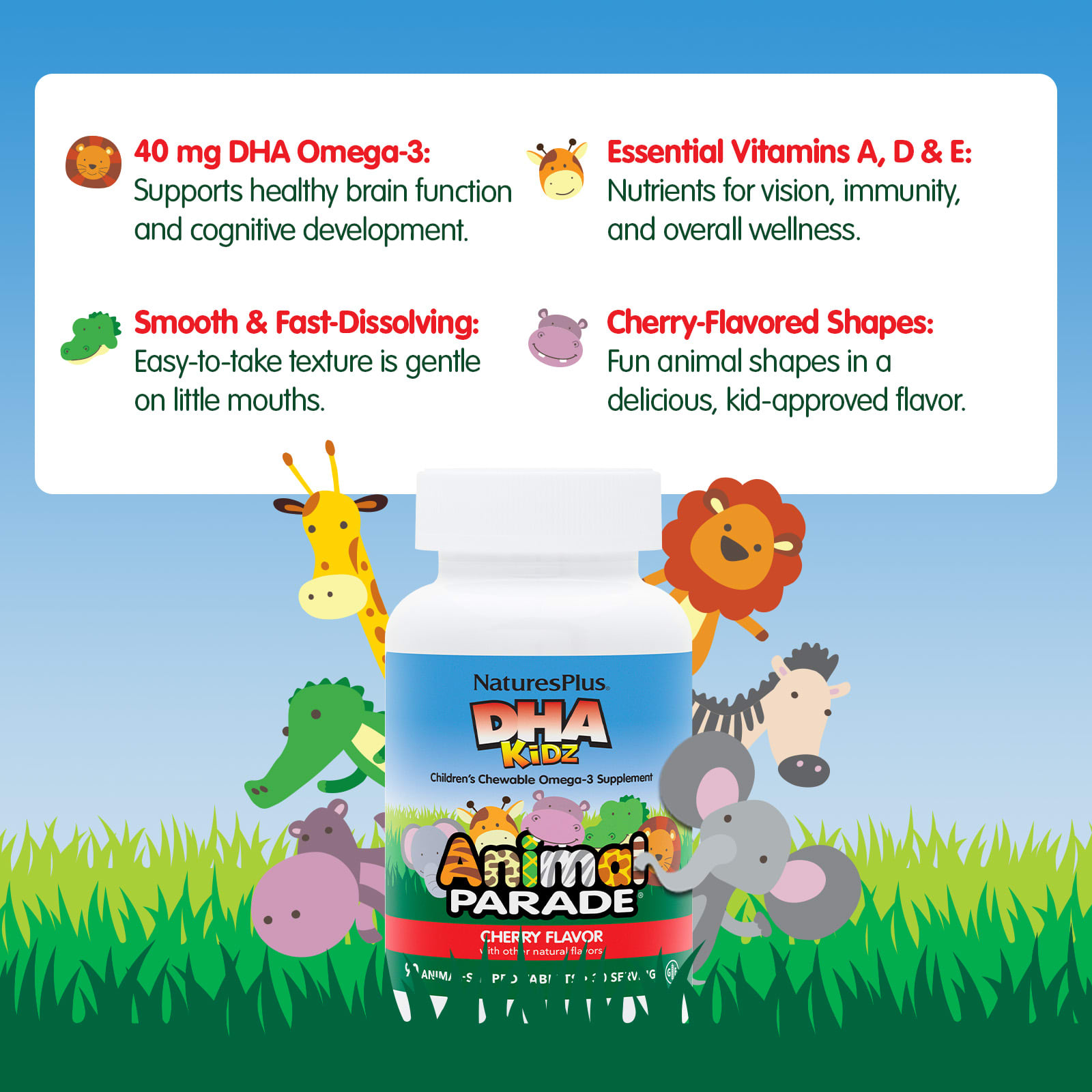 Детский NaturesPlus Animal Parade® DHA Chewable Omega-3 Supplement, вкус Cherry, 90 жевательных таблеток в форме животных — фото 3