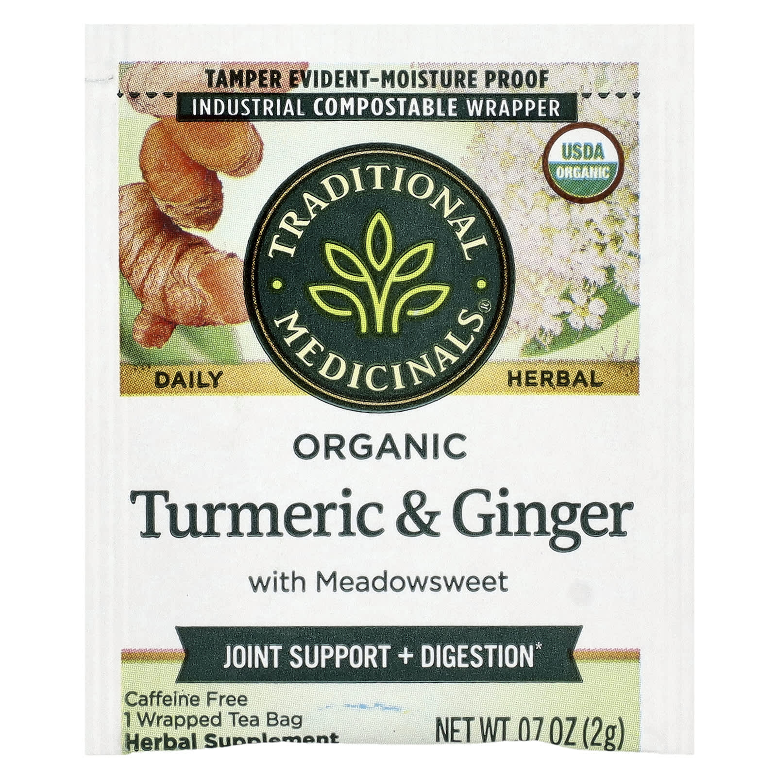 Чайные пакетики Traditional Medicinals Organic Turmeric & Ginger with Meadowsweet, без кофеина, 32 г, 16 чайных пакетиков — фото 6