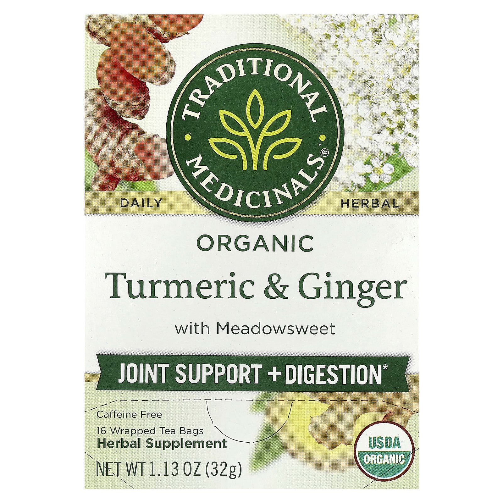 Чайные пакетики Traditional Medicinals Organic Turmeric & Ginger with Meadowsweet, без кофеина, 32 г, 16 чайных пакетиков — фото 7