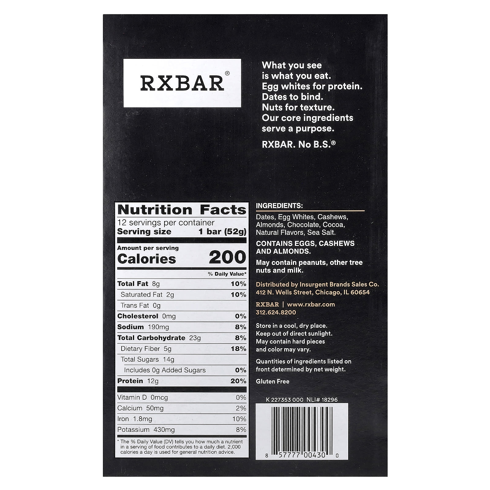 Протеиновый батончик RXBAR, вкус Chocolate Sea Salt, 52 г, 12 шт. — фото 2