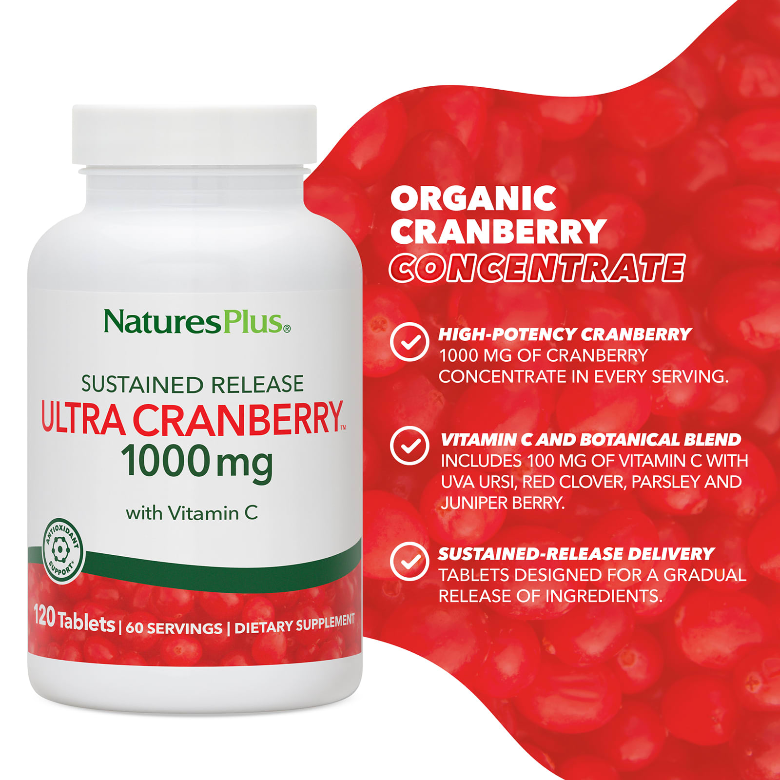 Клюква NaturesPlus, пролонгированное высвобождение, вкус Ultra Cranberry™, 120 таблеток — фото 3