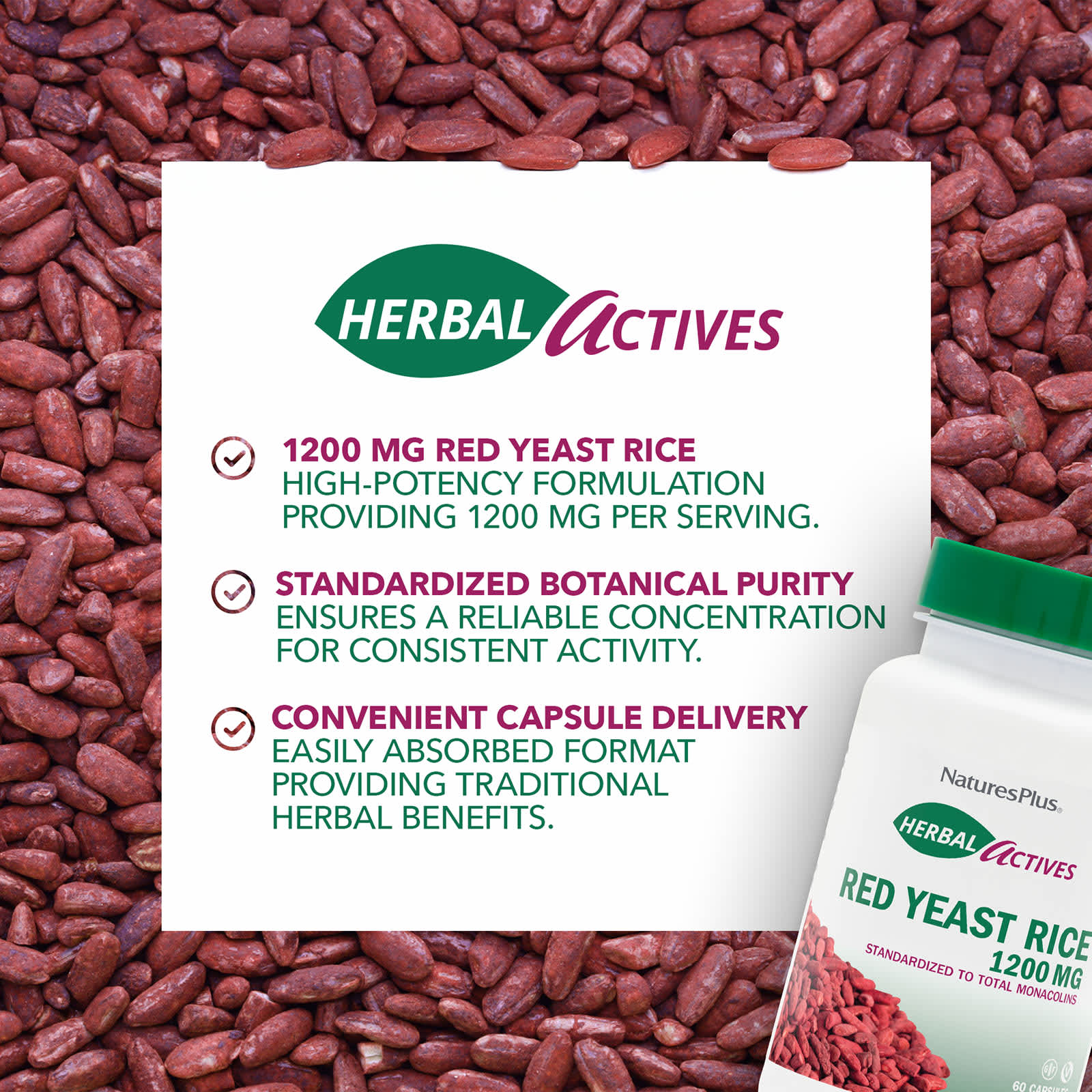 Рис NaturesPlus Herbal Actives Red Yeast, 600 мг, 60 капсул — фото 3