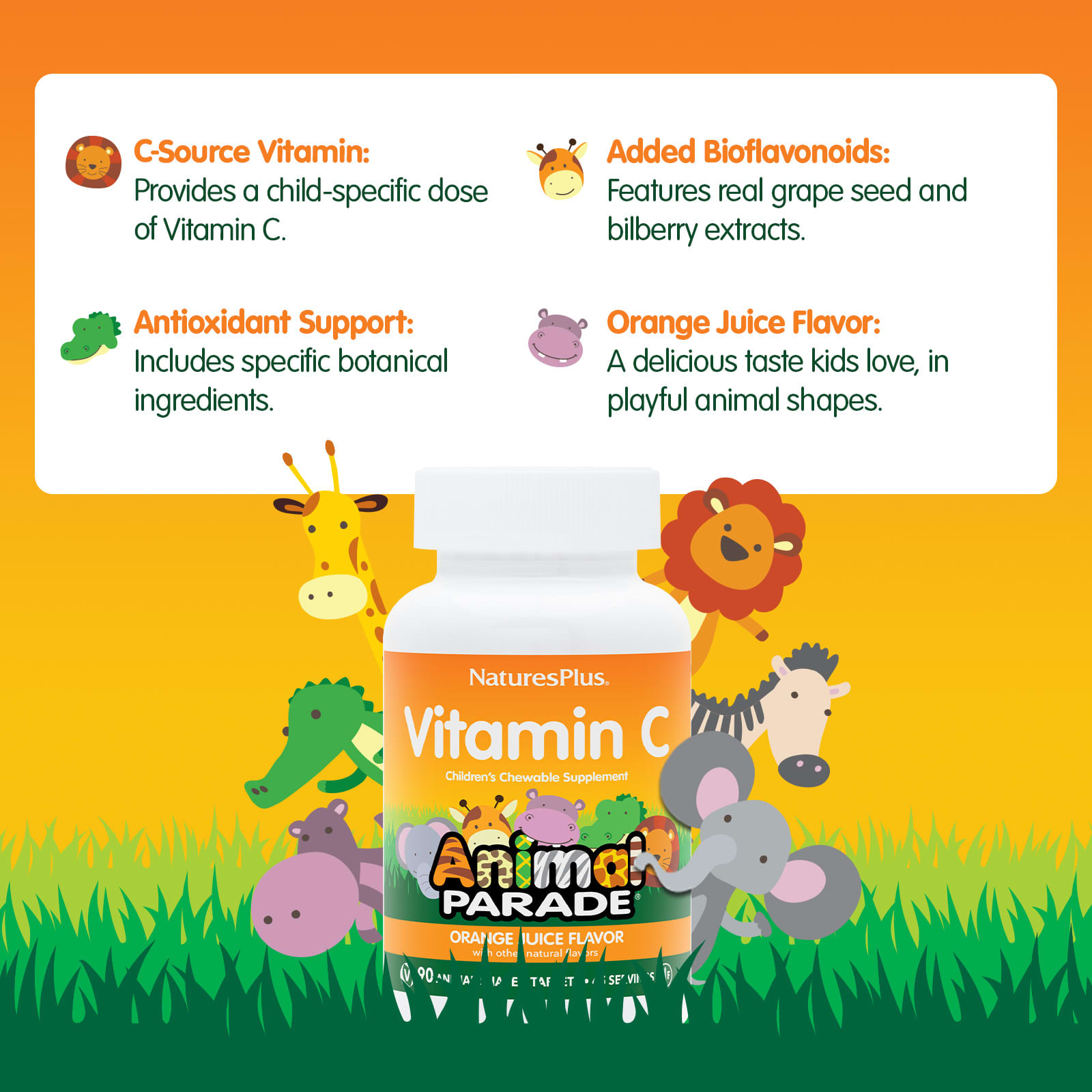 Витамин C NaturesPlus Animal Parade®, вкус Orange Juice, 90 жевательных таблеток в форме животных — фото 3