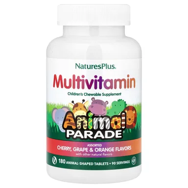 Фото товара: Детские жевательные мультивитамины NaturesPlus Animal Parade® Cherry Grape & Orange, 180 жевательных таблеток в форме животных