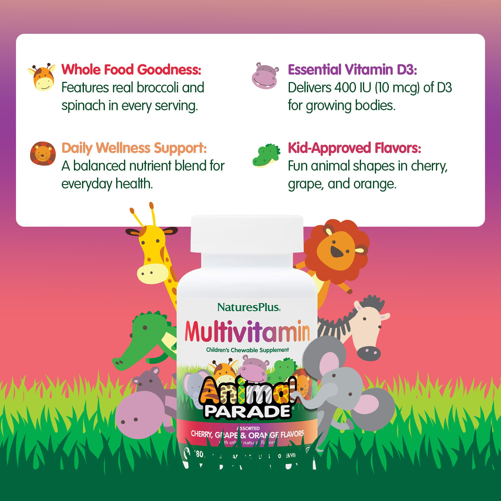 Детские жевательные мультивитамины NaturesPlus Animal Parade® Cherry Grape & Orange, 180 жевательных таблеток в форме животных — фото 4