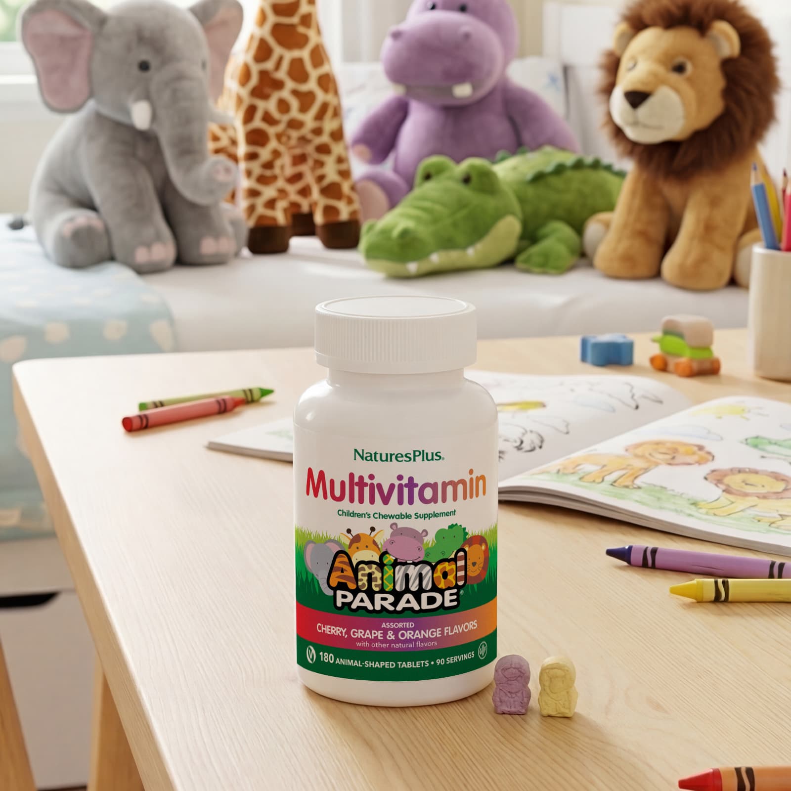 Детские жевательные мультивитамины NaturesPlus Animal Parade® Cherry Grape & Orange, 180 жевательных таблеток в форме животных — фото 6