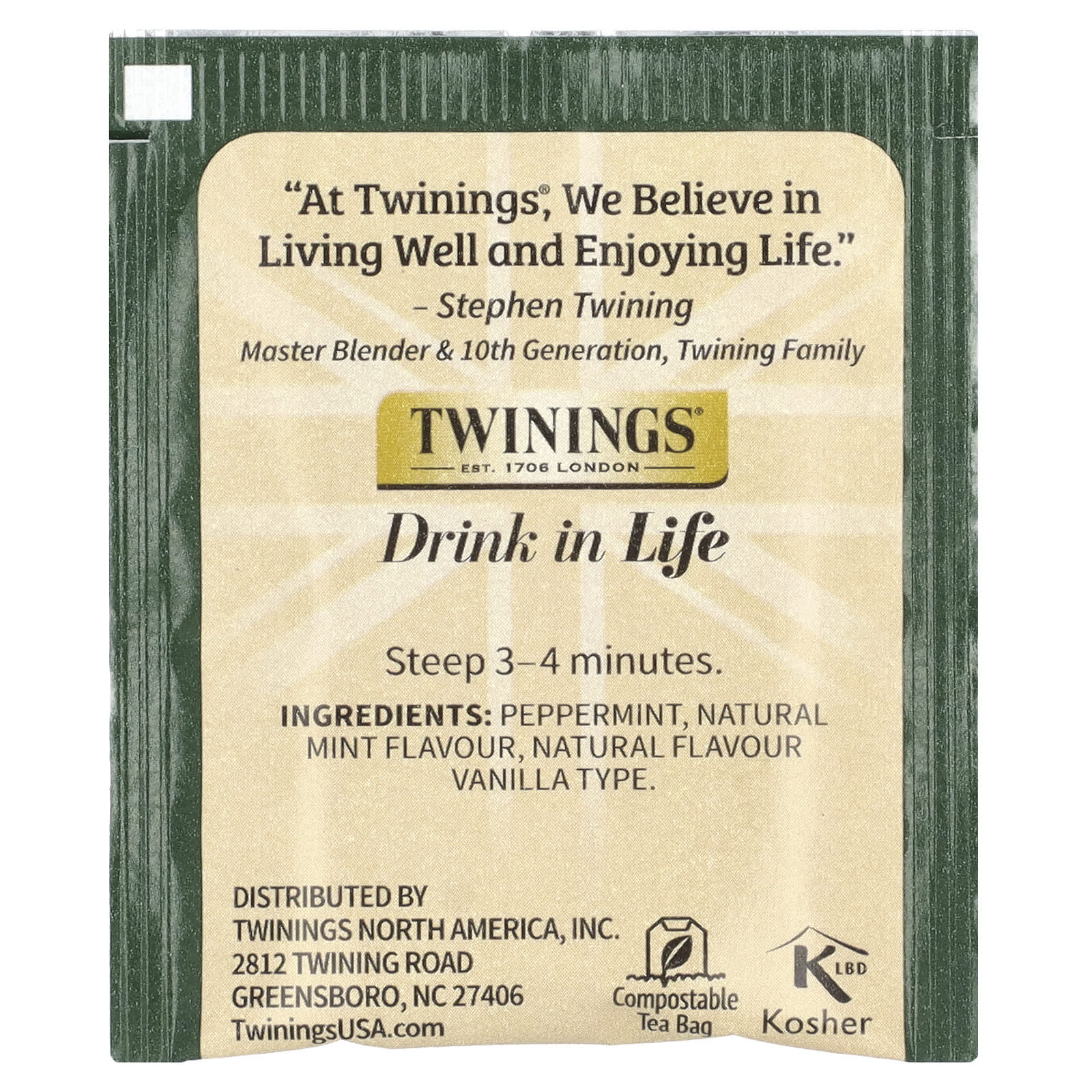 Травяной чай Twinings Flavored 20 Tea Bags, без кофеина, вкус Peppermint & Creamy Vanilla, 40 г, чайные пакетики — фото 2