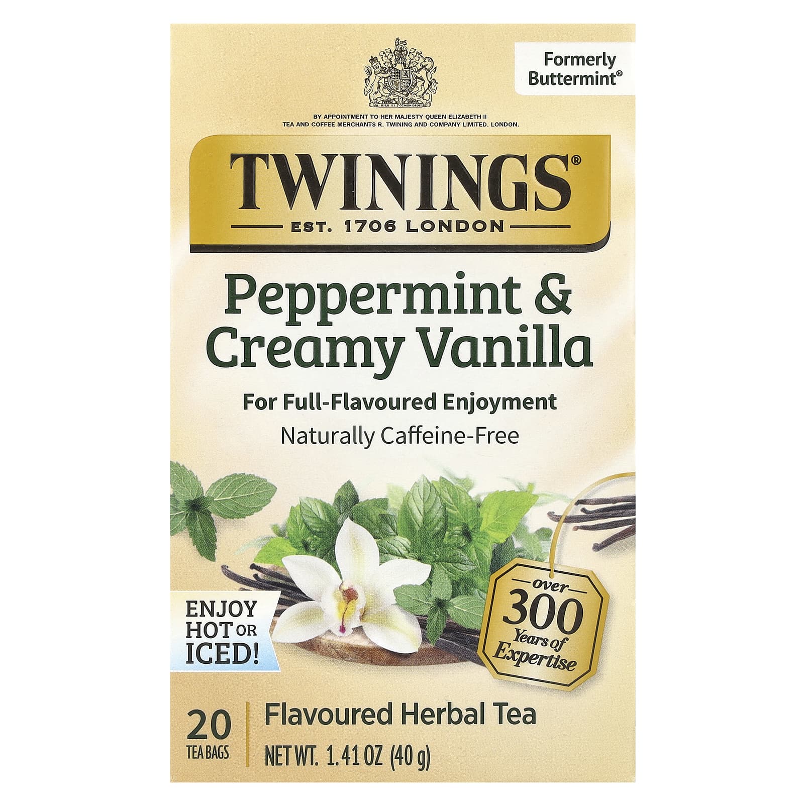 Травяной чай Twinings Flavored 20 Tea Bags, без кофеина, вкус Peppermint & Creamy Vanilla, 40 г, чайные пакетики — фото 3