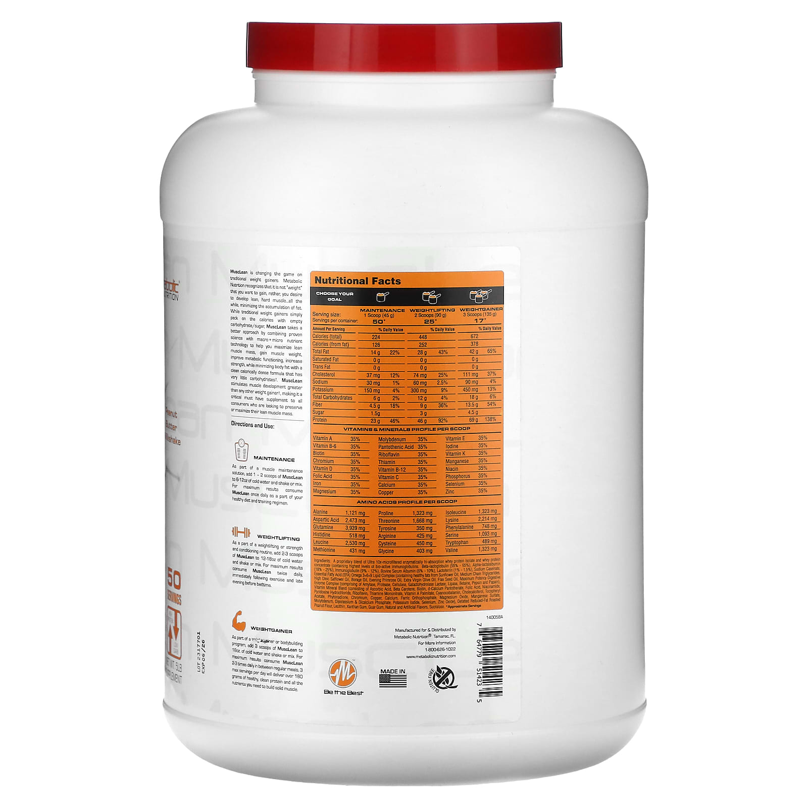 Арахисовая паста Metabolic Nutrition MuscLean Lean Muscle Weight Gainer, вкус Peanut Butter Milkshake, 5 lb