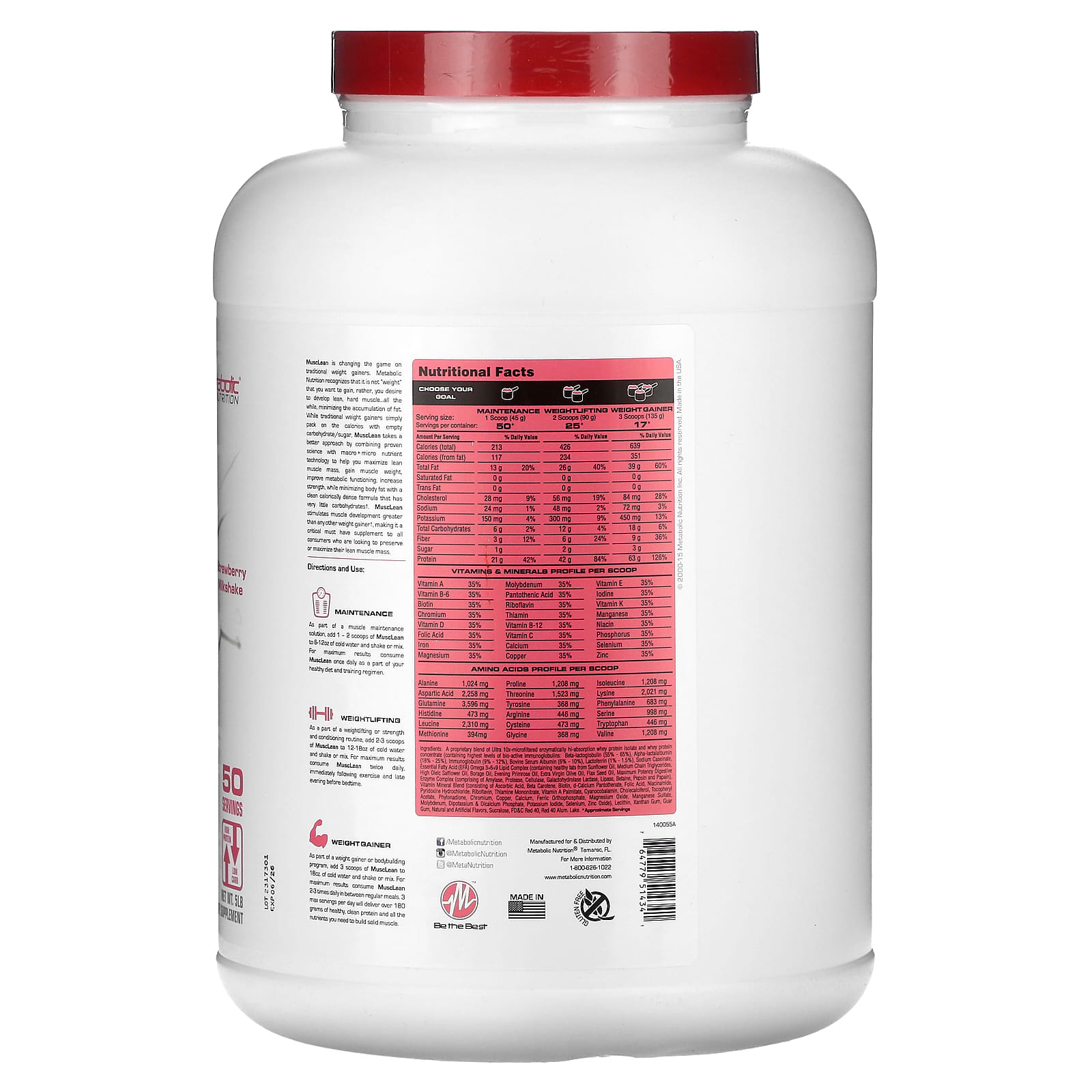 Гейнер Metabolic Nutrition, 5 lb (2270 г), клубничный молочный коктейль