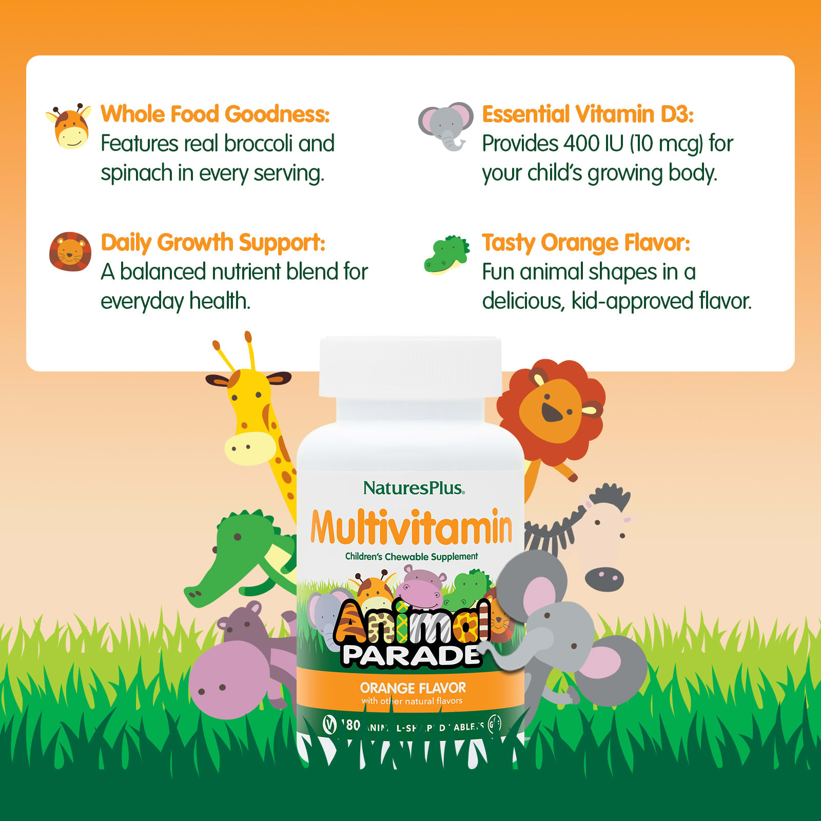 Детские жевательные мультивитамины NaturesPlus Animal Parade®, вкус Orange, 180 жевательных таблеток в форме животных — фото 4