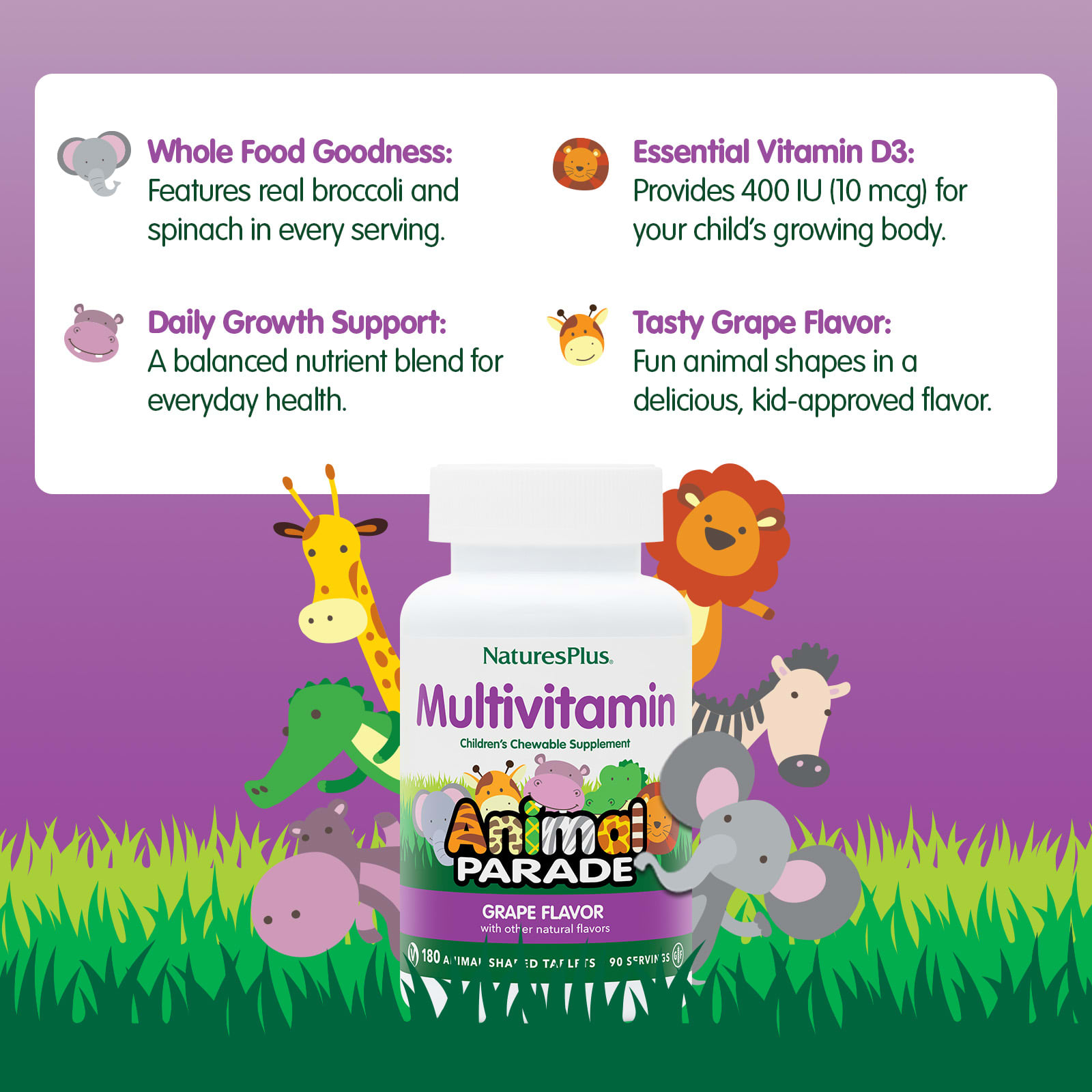 Детские жевательные мультивитамины NaturesPlus Animal Parade®, вкус Grape, 180 жевательных таблеток в форме животных — фото 4