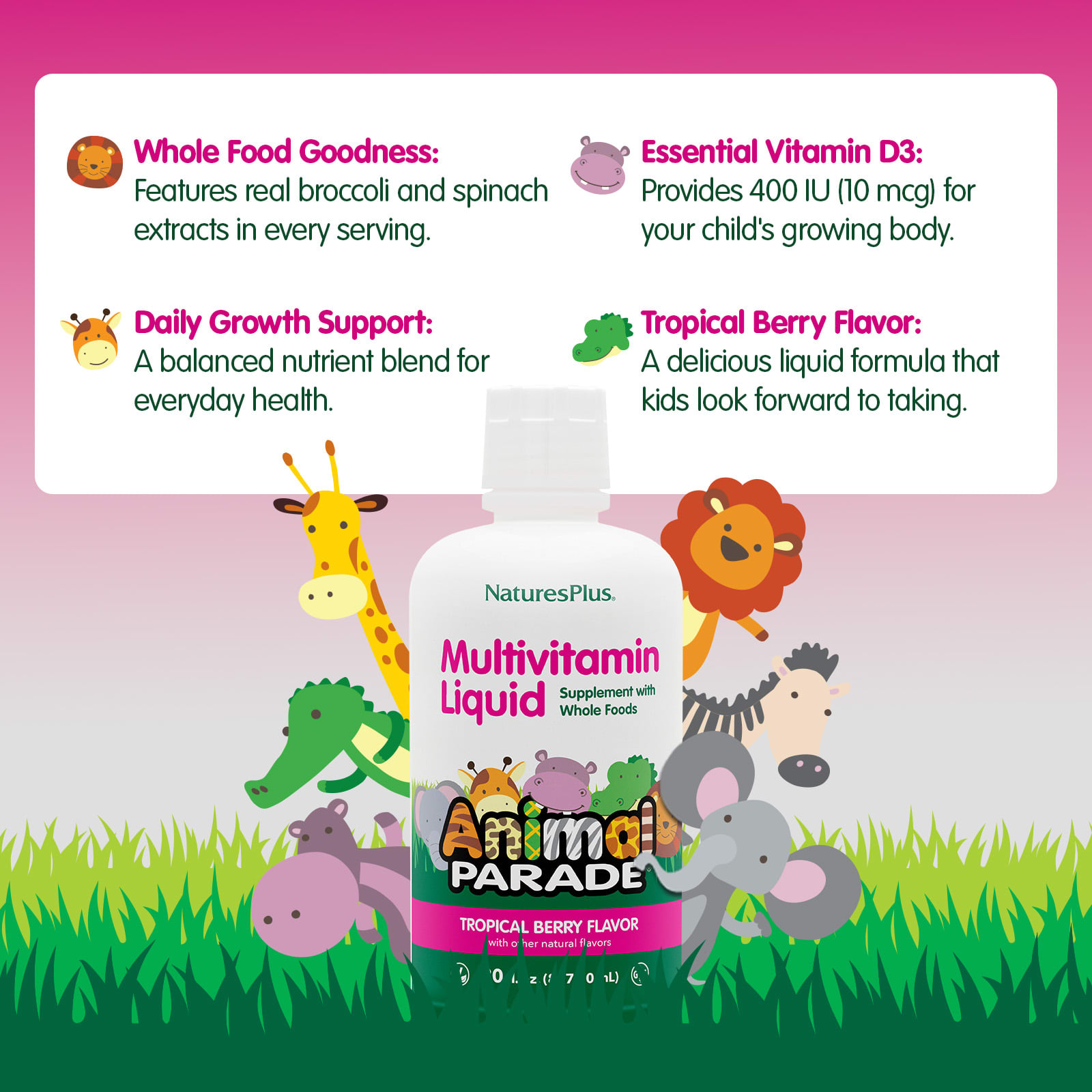 Мультивитамины NaturesPlus Animal Parade® Liquid Tropical Berry, 887.1 мл, жидкая форма — фото 3