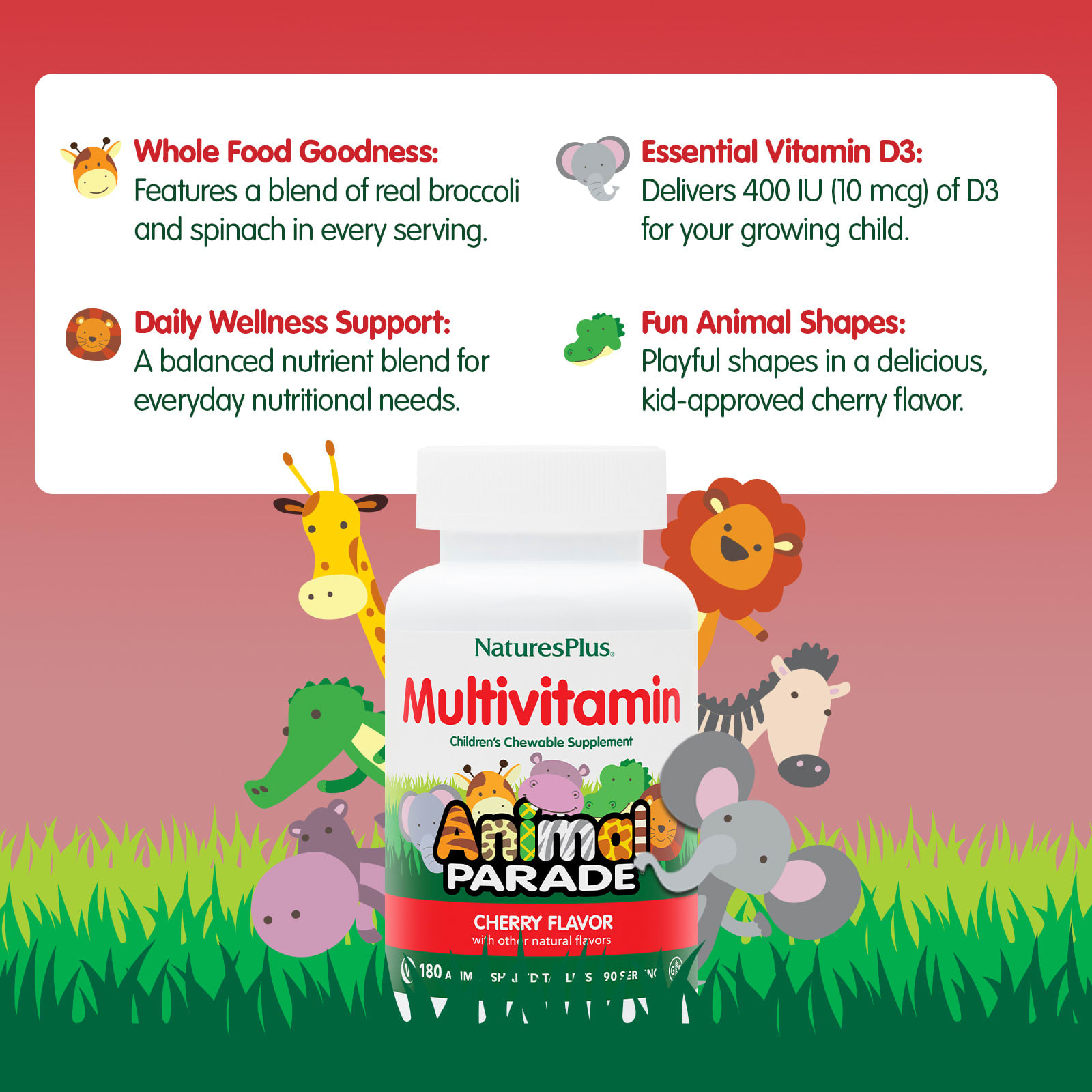 Детские жевательные мультивитамины NaturesPlus Animal Parade® Supplement, вкус Cherry, 180 жевательных таблеток в форме животных — фото 4
