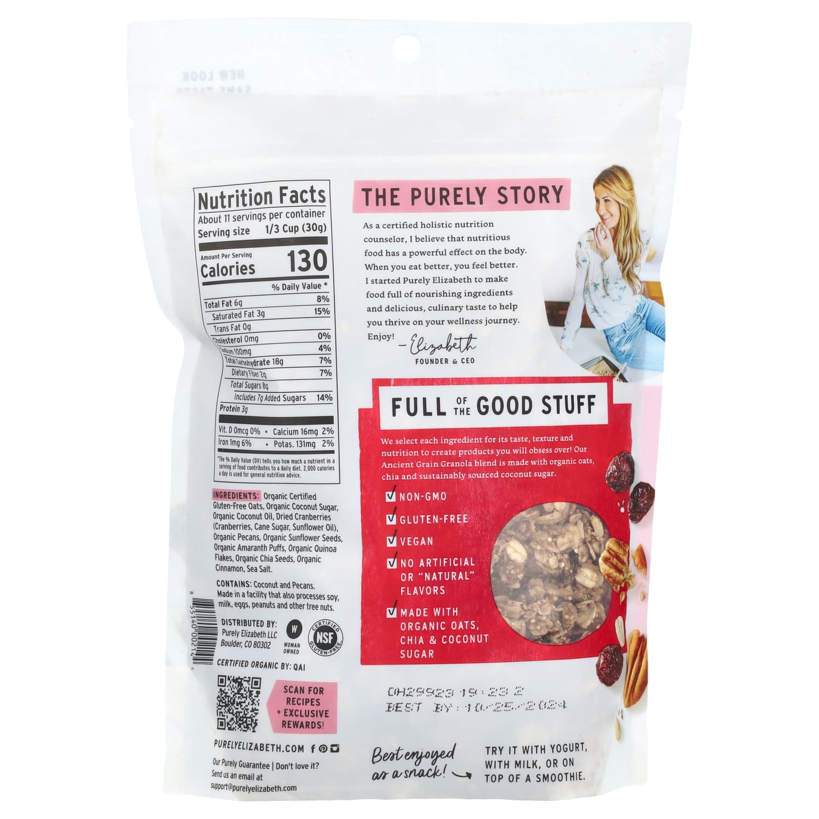 Клюква Purely Elizabeth Ancient Grain Granola, вкус Cranberry Pecan, 340 г — фото 2